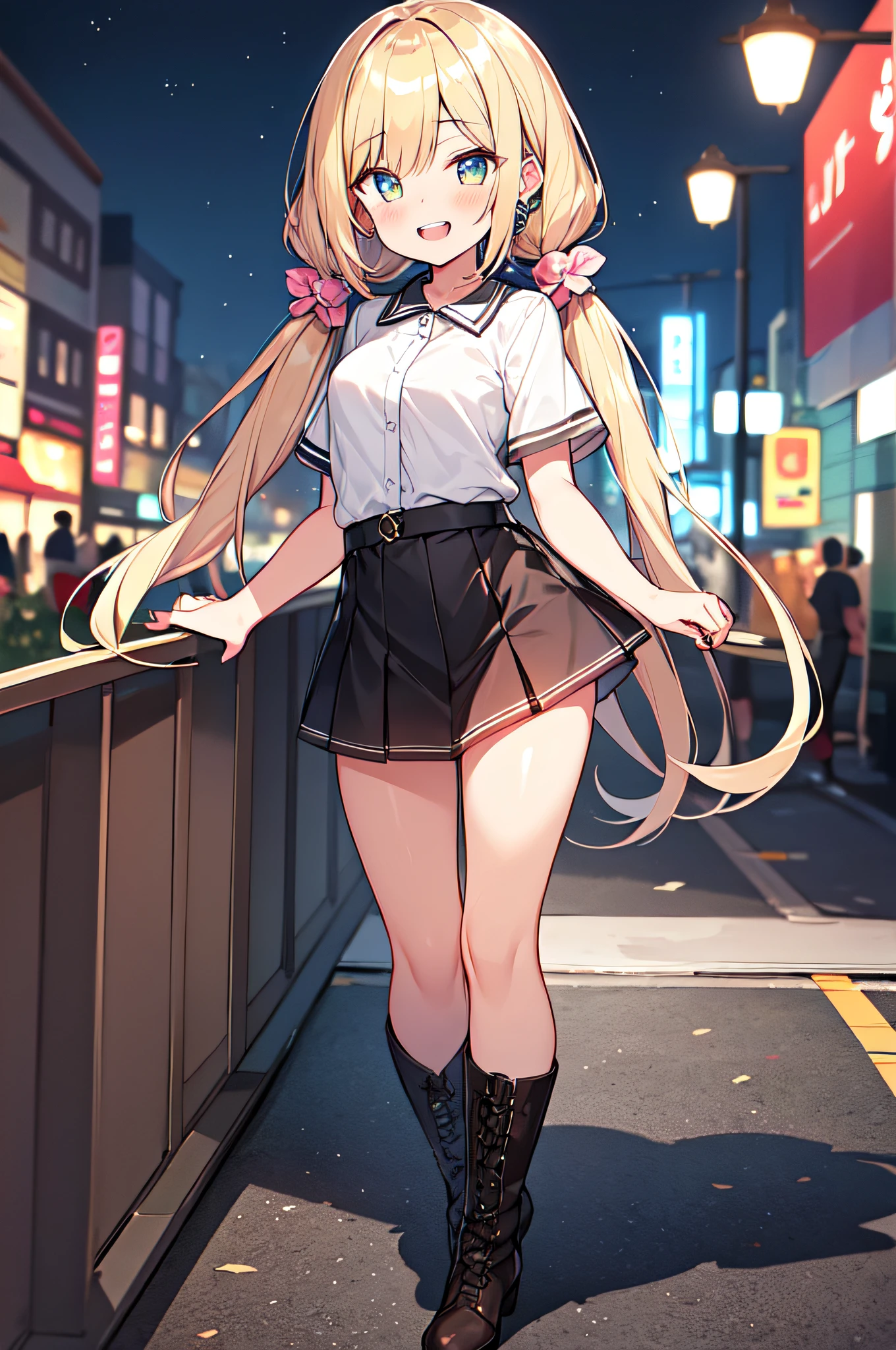 masterpiece,(high quality depth map:1.1), best quality, ultra-detailed,unity 8k wallpaper,crisp,(loli:1.2),(beautiful eyes), ((kawaii)), cute, (lovely), ((sexy)), (ero),
(ultra-detailliert), (The best illustrations), (Best Shadows),Perfect litthing, , vivid color,
1girl, solo, jewelry, v, , long hair, smile, blonde hair, looking at viewer, fingernails, bangs, ,full body, teeth,,boots,miniskirt,twin tail hair,standing,outdoor,night,neon city,short sleeve,,white panties