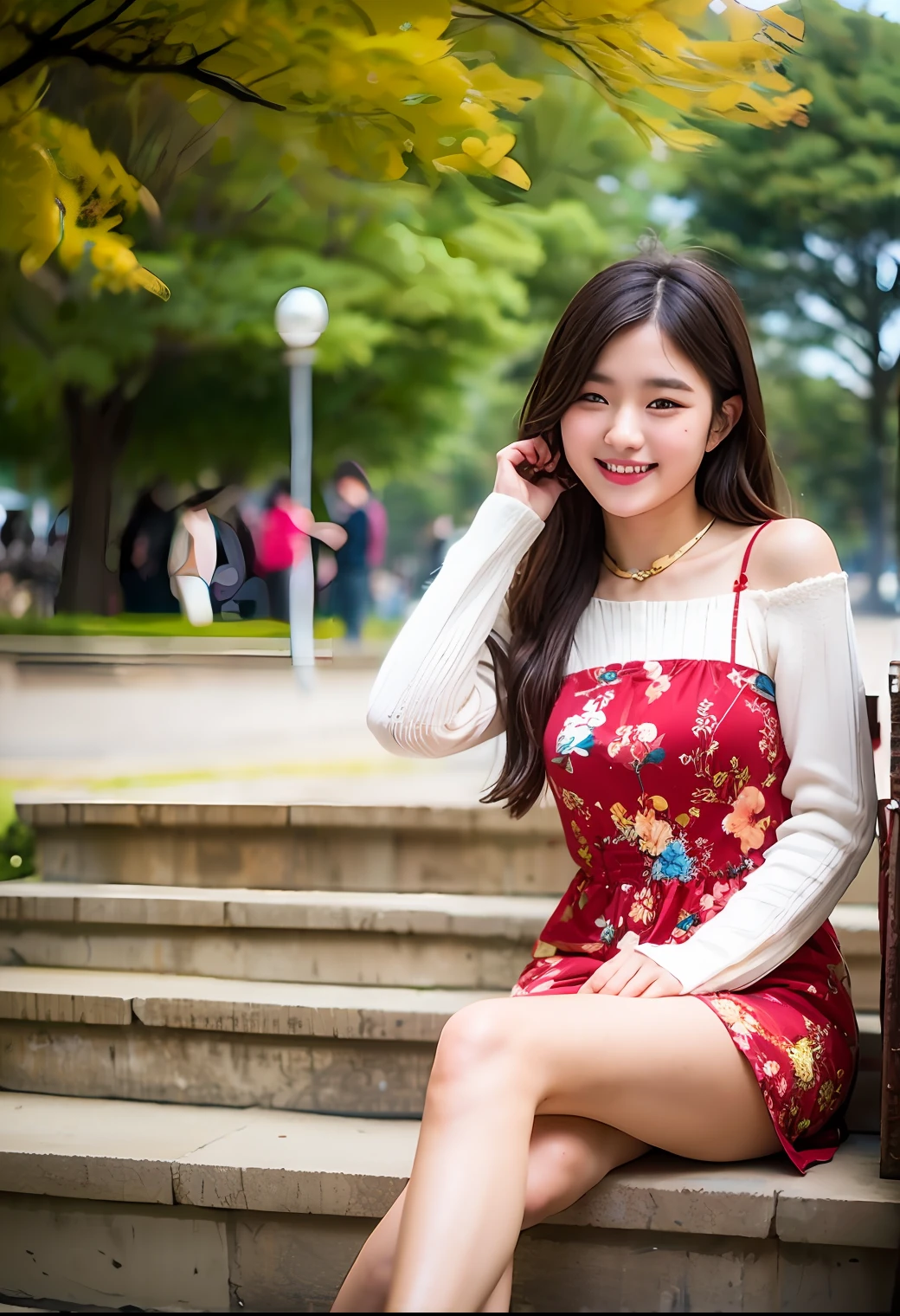 18-year-old Korean woman，Short，Black thin shoulder strap floral dress，White knitted long-sleeved blouse，White ankle lace-up heels，Look at the camera shyly，In the park，