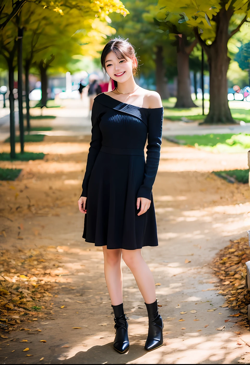 18-year-old Korean woman，Short，Black thin shoulder strap floral dress，White knitted long-sleeved blouse，White ankle lace-up heels，Look at the camera shyly，In the park，