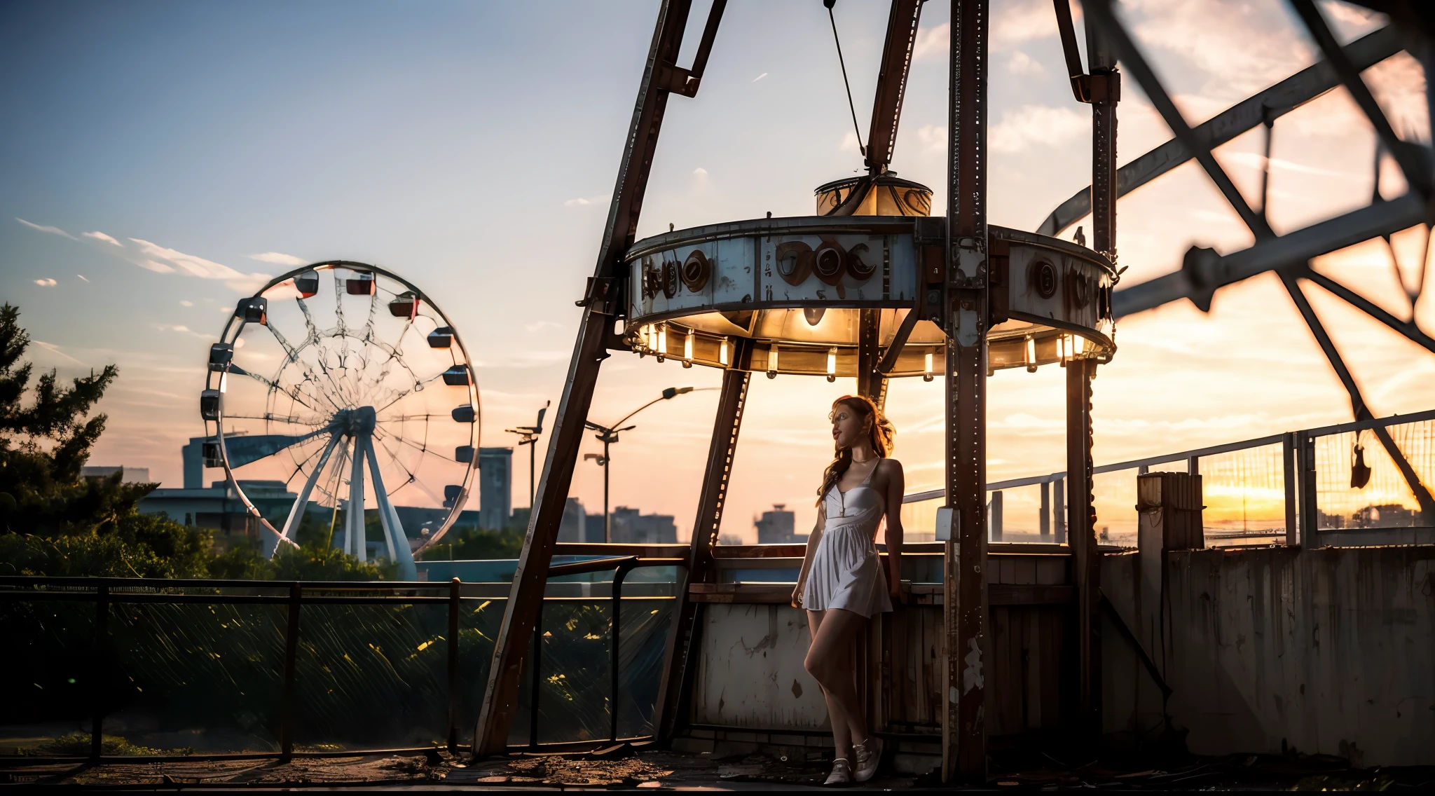 (8k, RAW photo, highest quality, masterpiece: 1.2), (realistic, photorealistic: 1.37), ((1 girl ****ta, sad eyes)), ((full body)), ((naked)), ((cinematic)) ((melancholy)) ((sunset sun rays)), ((as background an abandoned amusement park)) reclaimed by nature, with rusted roller coasters and a carousel frozen in time, ((huge Ferris wheel)), (in the distance a large blurry city) 8k, sharp, masterpiece, professional lighting, photon mapping, with a lot of lashes, lame on the eyelids, bright red lips,,