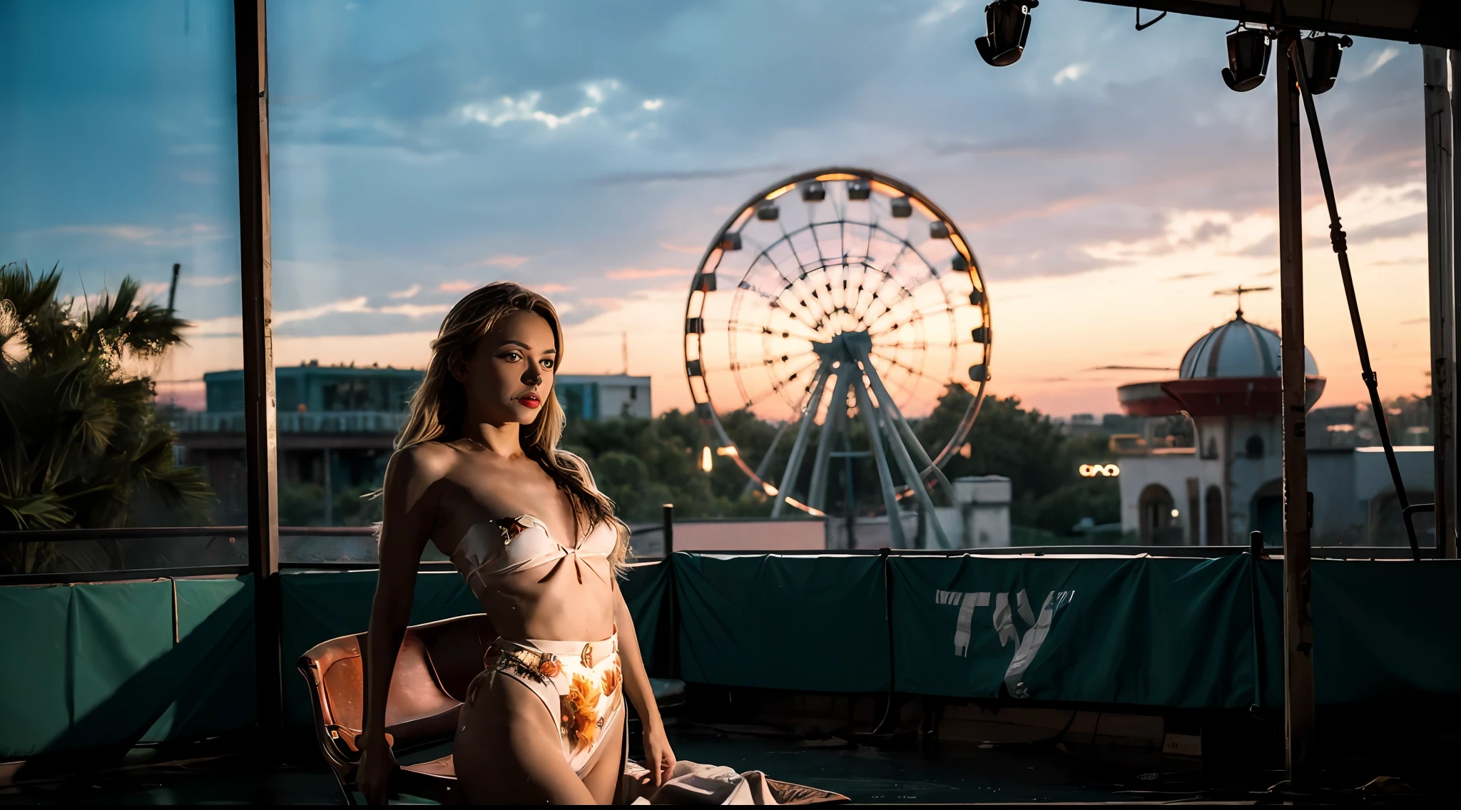 (8k, RAW photo, highest quality, masterpiece: 1.2), (realistic, photorealistic: 1.37), ((1 girl , sad eyes)), ((full body)), ((naked)cinematic)) ((melancholy)) ((sunset sun rays)), ((as background an abandoned amusement park)) reclaimed by nature, with rusted roller coasters and a carousel frozen in time, ((huge Ferris wheel)), (in the distance a large blurry city) 8k, sharp, masterpiece, professional lighting, photon mapping, with a lot of lashes, lame on the eyelids, bright red lips,,
