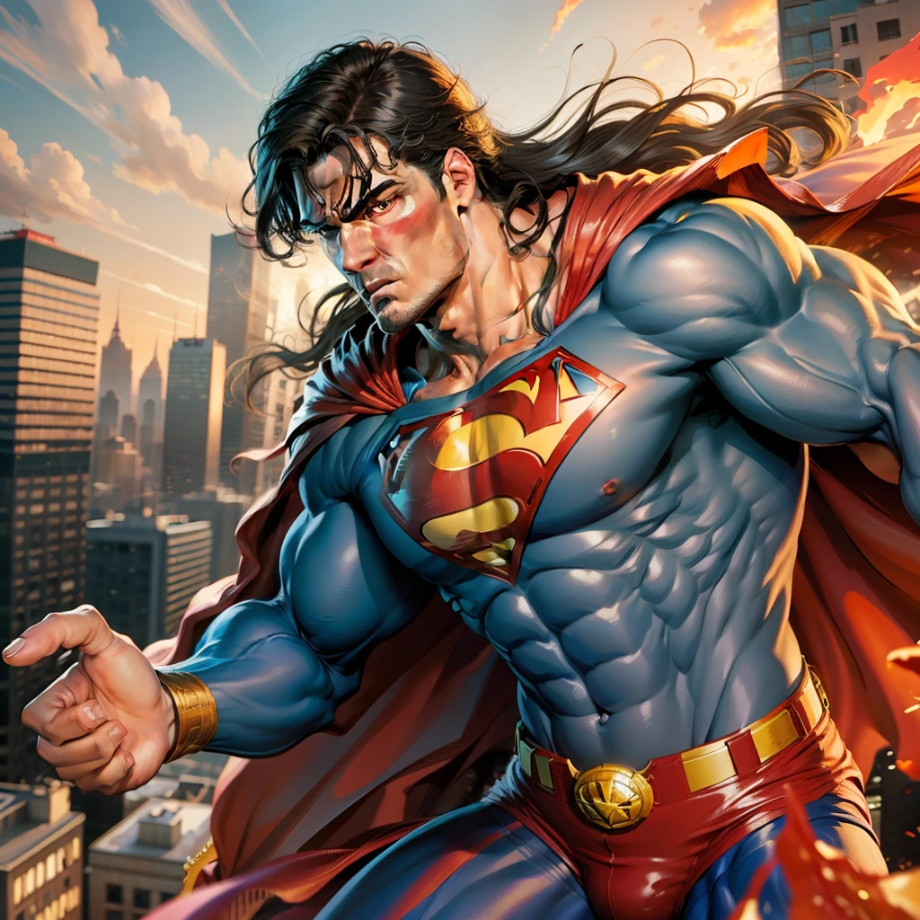 Superman with long hair and ponytail, perfect heroic face and strong, muscular and virile physique, flowing cape and is flying in open space under the city and is admired by Citizens as well as the protector of Metropolis, realistic and perspective image