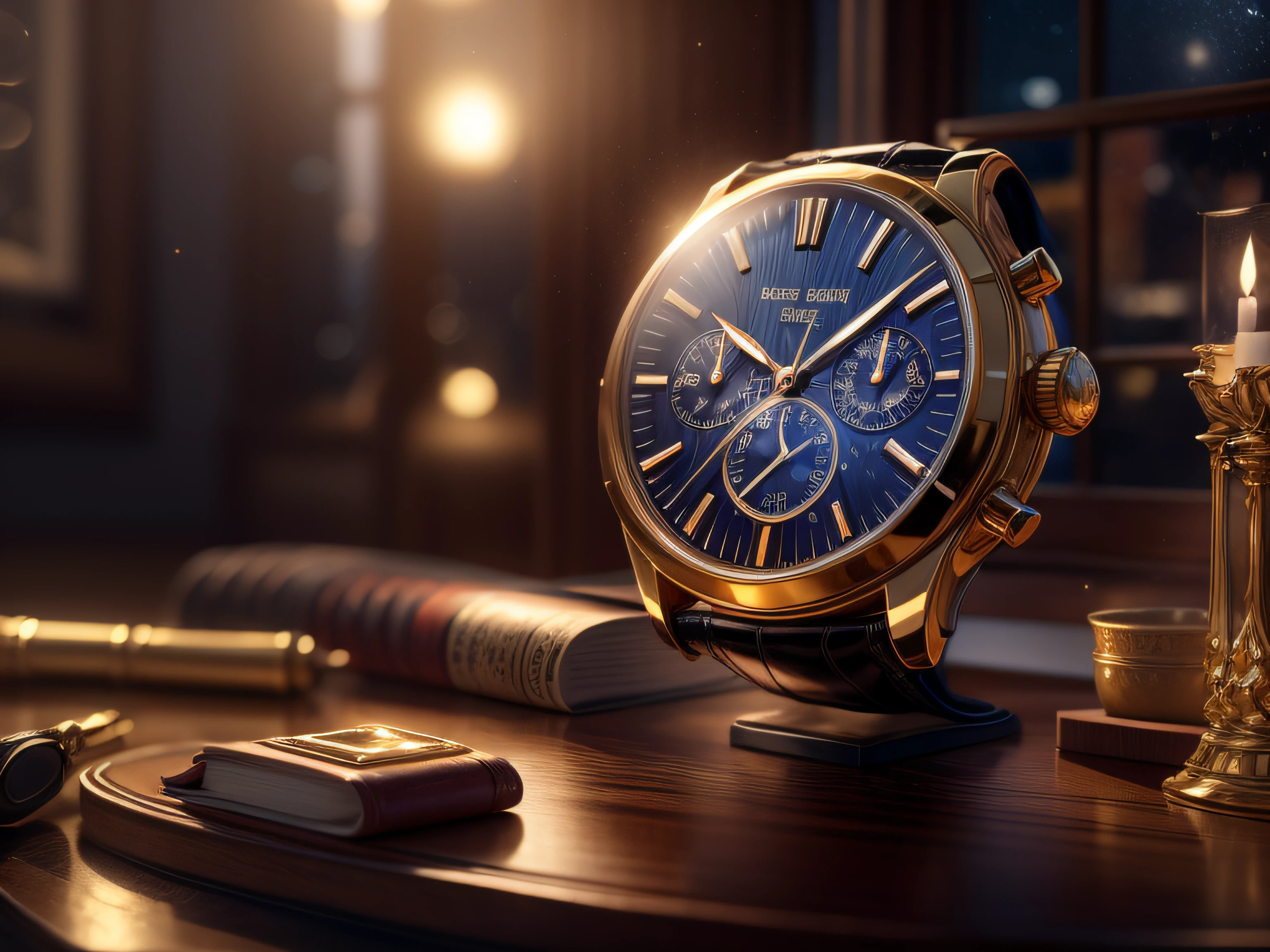 Close-up on a beautiful Patek Phillipe watch, on top of a wooden office desk, Lurid lighting, richly detailed clock, Hiper realista, luxury watch, 3D-rendering, obra-prima, NVIDIA, RTX, ray-traced, Bokeh, Night sky with a huge full moon seen through the window, estrelas brilhando, 8k,