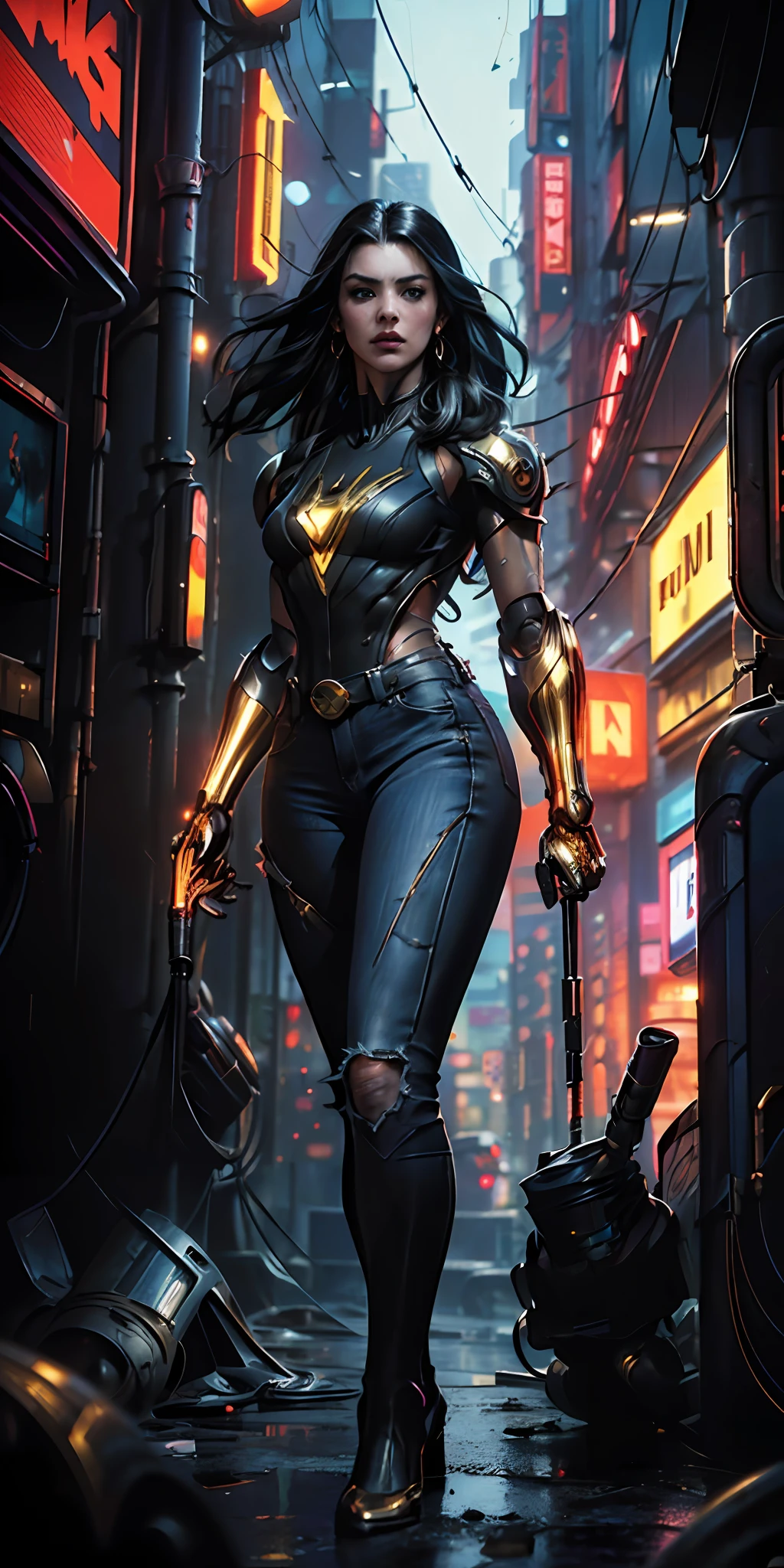 Movie poster, mike deodato style ((detailed skin)) (((A young latin woman with long size black hair in superhero pose with red T-shirt and blue jeans))) ((detailed outfit entirely black with gold)) (shopping mall in the background of the image) (((robotic left arm)) (((cyberpunk arm))) adobe lightroom, hero uniform, 1 girl, Solo, good body, small breasts, side light, movie poster art style. basic color scheme, very colorful poster, colorful art, third rule, inspiring, woman, 1 40-year-old woman, hair blowing in the wind, looking at the viewer, blurred background, curvy body, green eyes