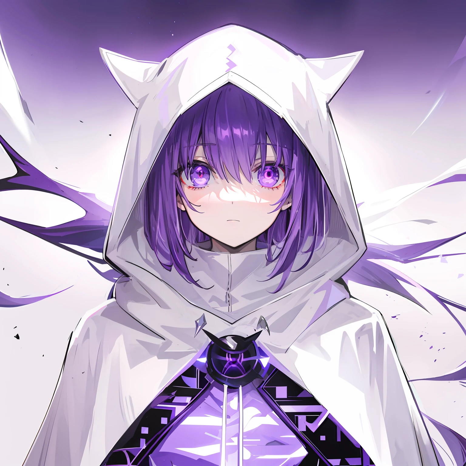 anime character with hood and cape with glowing eyes, cloaked, white cape, with glowing eyes, white robed, white robes with purple outline, purple hair underneath hood, obscured face