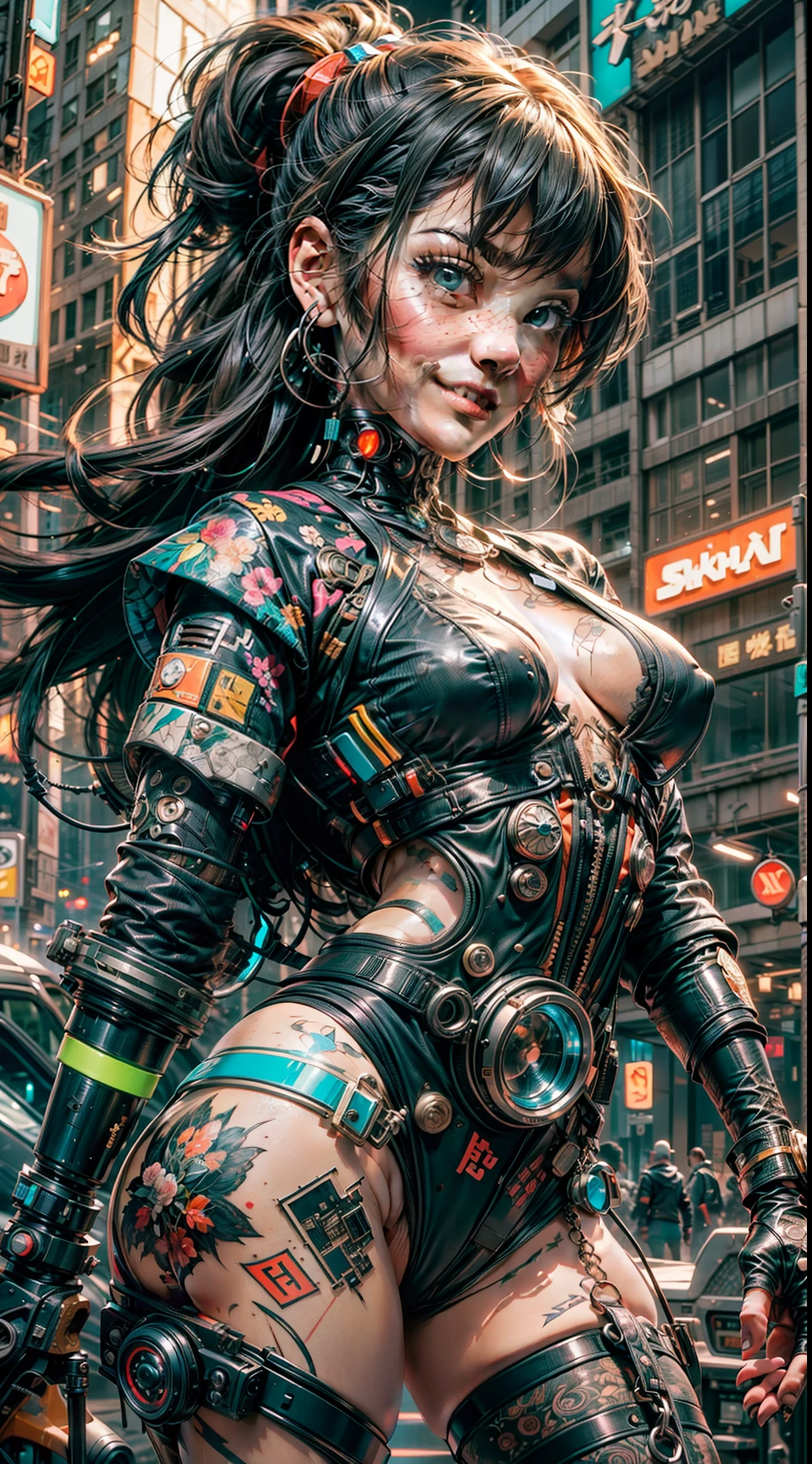 masterpiece, best quality, 2 ((smiling)) cyberpunk girls standing together, Harajuku-inspired cyberpunk body harness, body tattoo, bold colors and patterns, eye-catching accessories, trendy and innovative hairstyle, dazzling Cyberpunk cityscape, skyscrapers, neon signs, LED lights, bright and vivid color scheme, anime, illustration, detailed skin texture, detailed cloth texture, beautiful detailed face, intricate details, ultra detailed, cinematic lighting, dark shadows.