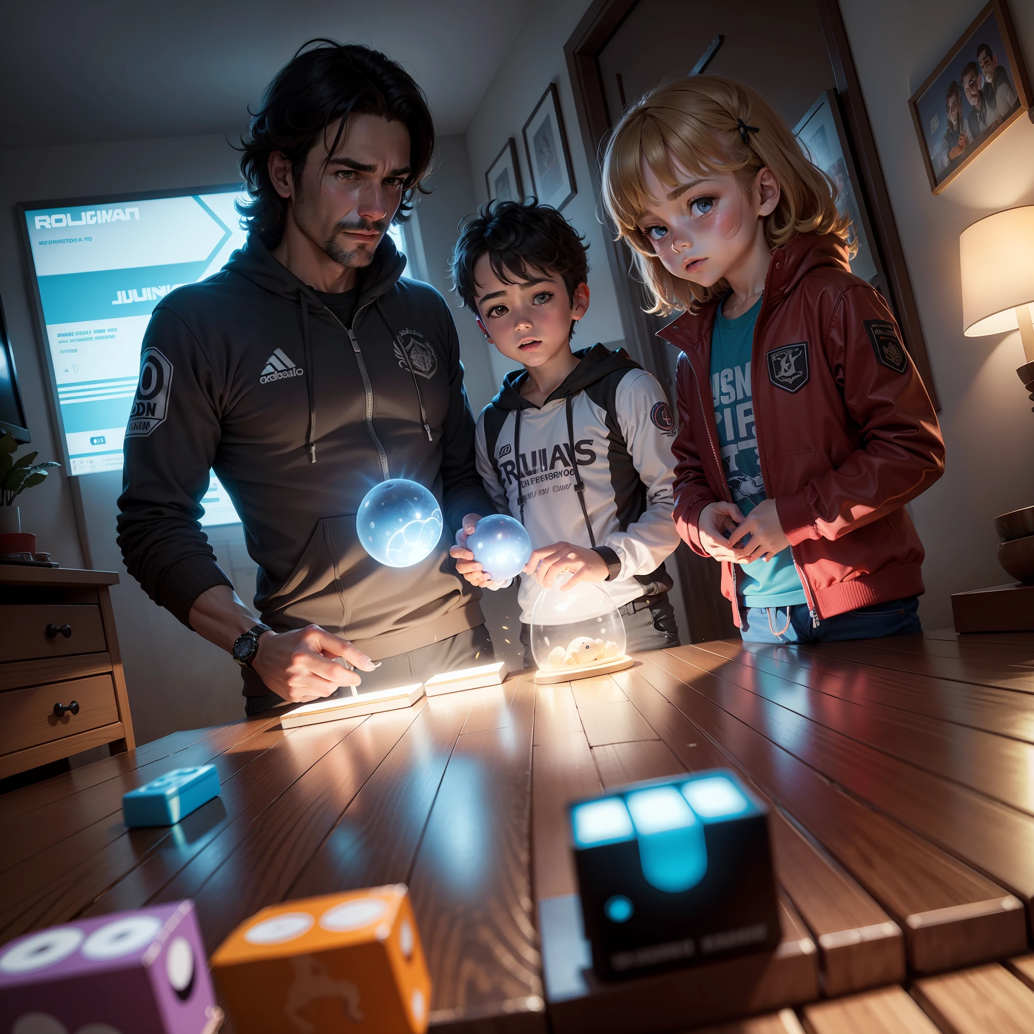 40-year-old father, 9-year-old son, jugando juegos de mesa futurista, el juego es un holograma, muy colorido, Neones 1:2, juego detallado, las fichas flotan, brillos 1:2, bright illumination, juego detallado, juego 8k, Altamente definido, rostro detallado, cabello detallado, gueo, produce destellos de luz, rostros detallados, poros visibles, iluminacion calida 1:1, brillante, rostros perfectos