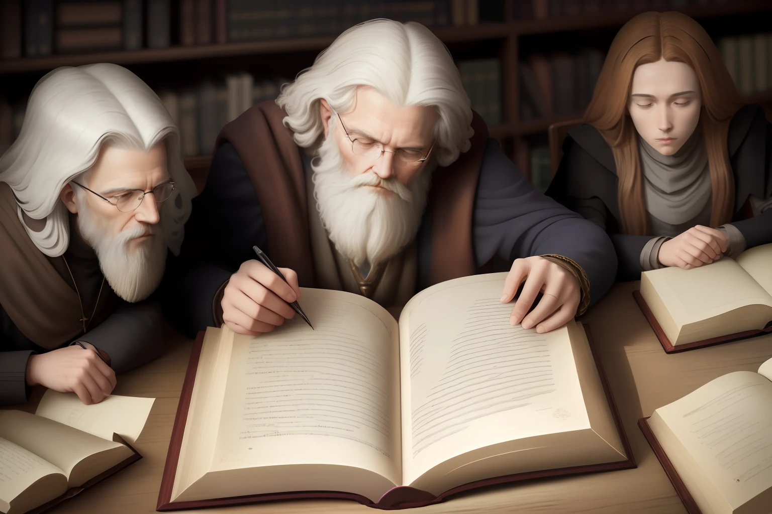 Modern-day scholars and enthusiasts studying the Book of Enoch. Narration: "Though not part of the canonical Bible for most Christian denominations, the Book of Enoch holds undeniable historical and literary importance."