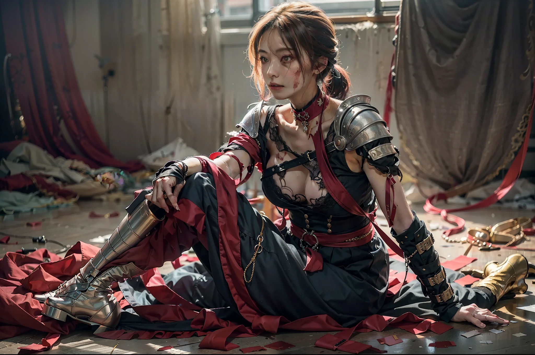 "scene of a wounded female warrior rising from dying in battle,sitting pose kneeling and bowing headbloody,dying,surviving,medieval background scene,perfect pose,perfect anatomy,dramatic atmosphere,atmosphereic light,semi realistic digital painting"