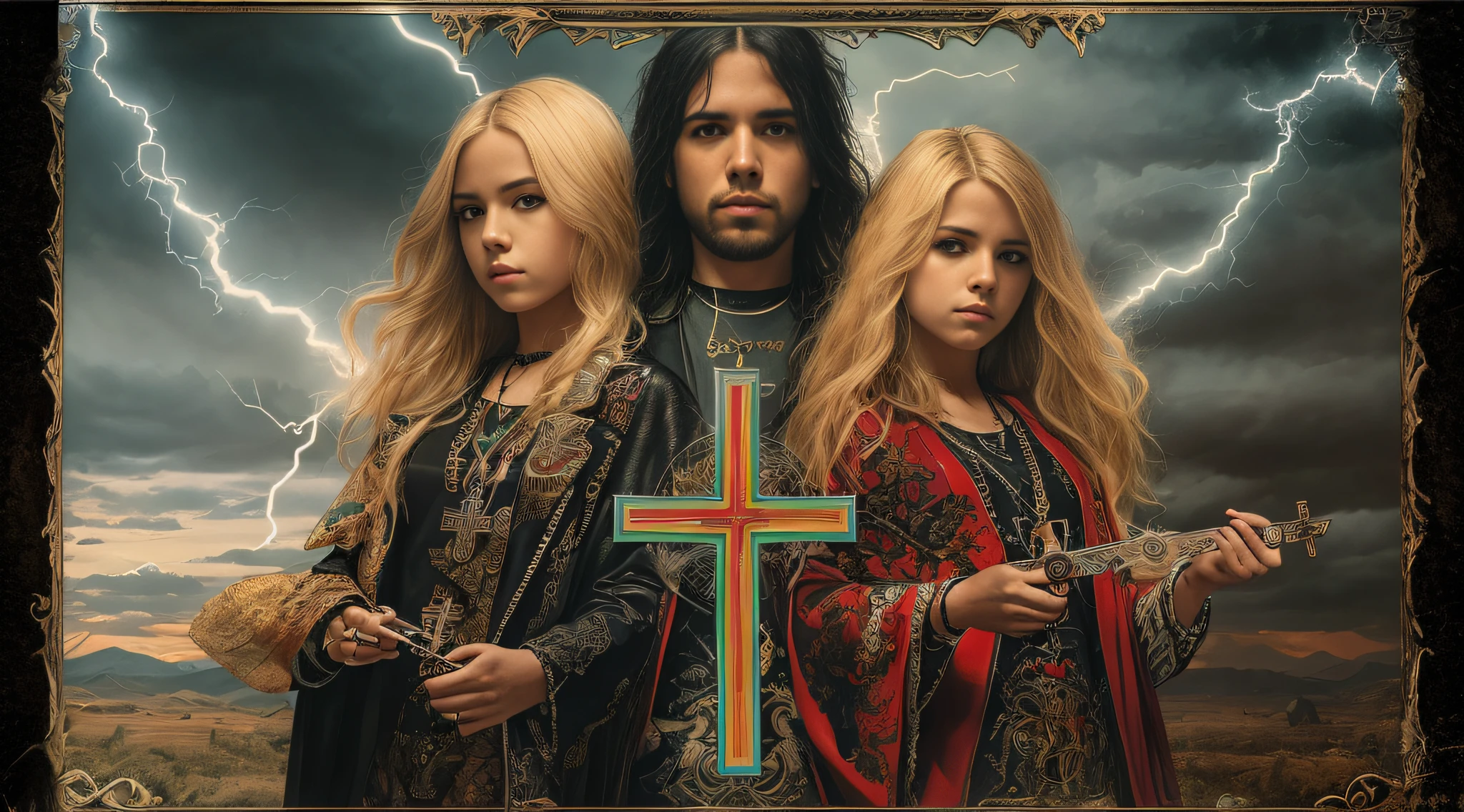 Um meio corpo, Portrait of 3 girls KIDS German long blonde hair TRAIDS 12 years, jaquetas couro vermelhas, holding in his hands a cross, a closeup of a cross with lightning sticking out of it, Power metal album cover, arte oficial, album art, official poster art, Naga-Tirr, metal album cover, Arte Promocional, album, arte chave, Arte Oficial HDR, Directed by: Ignacio Zuloaga, arca album cover, album cape, arte detalhada da capa, em um fundo escuro