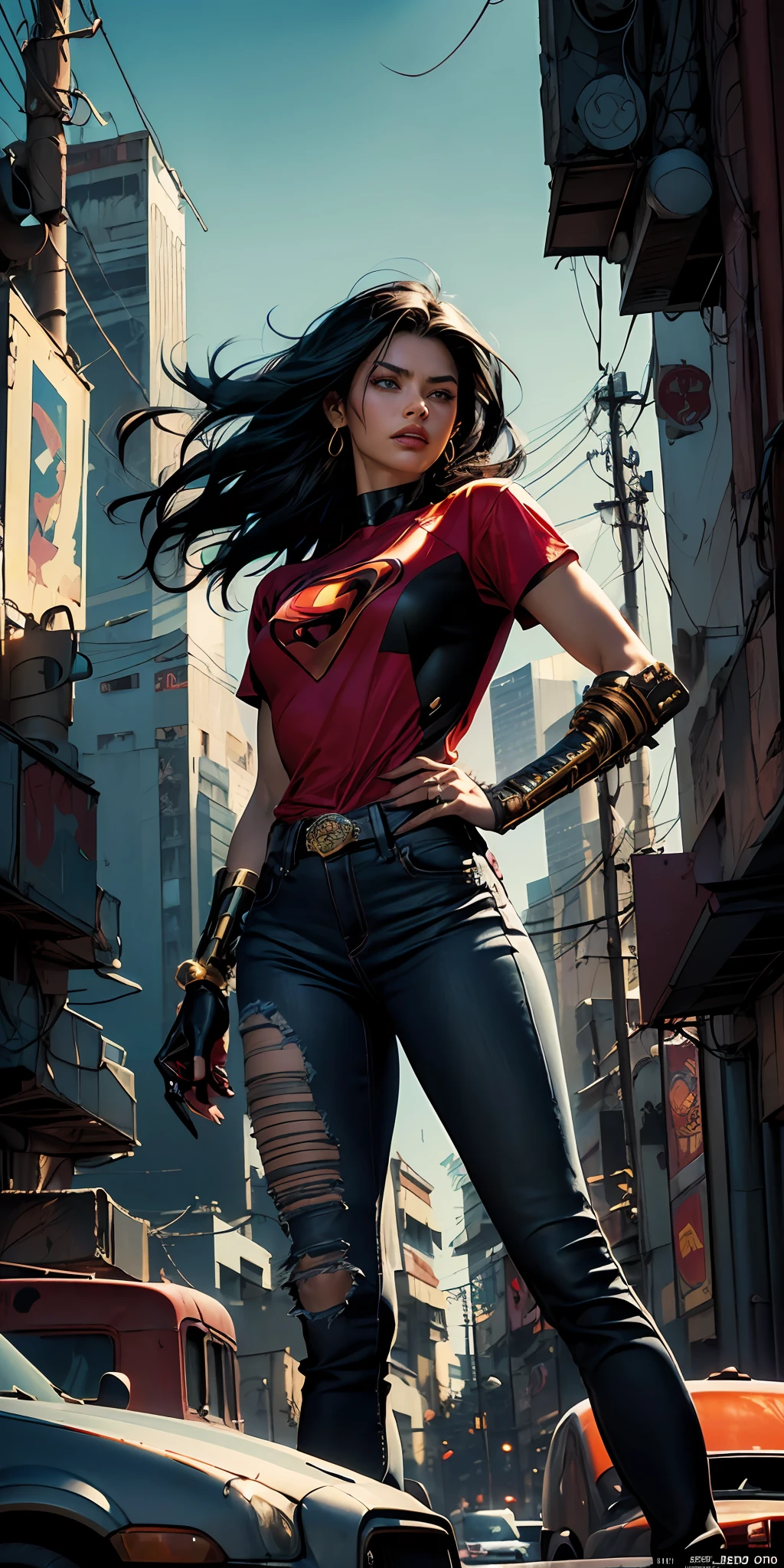 Movie poster, mike deodato style ((detailed skin)) (((A young latin woman with long size black hair in superhero pose with red T-shirt and blue jeans))) ((detailed outfit entirely black with gold)) (shopping mall in the background of the image) (((robotic left arm)) (((cyberpunk arm))) adobe lightroom, hero uniform, 1 girl, Solo, good body, small breasts, side light, movie poster art style. basic color scheme, very colorful poster, colorful art, third rule, inspiring, woman, 1 40-year-old woman, hair blowing in the wind, looking at the viewer, blurred background, curvy body, green eyes