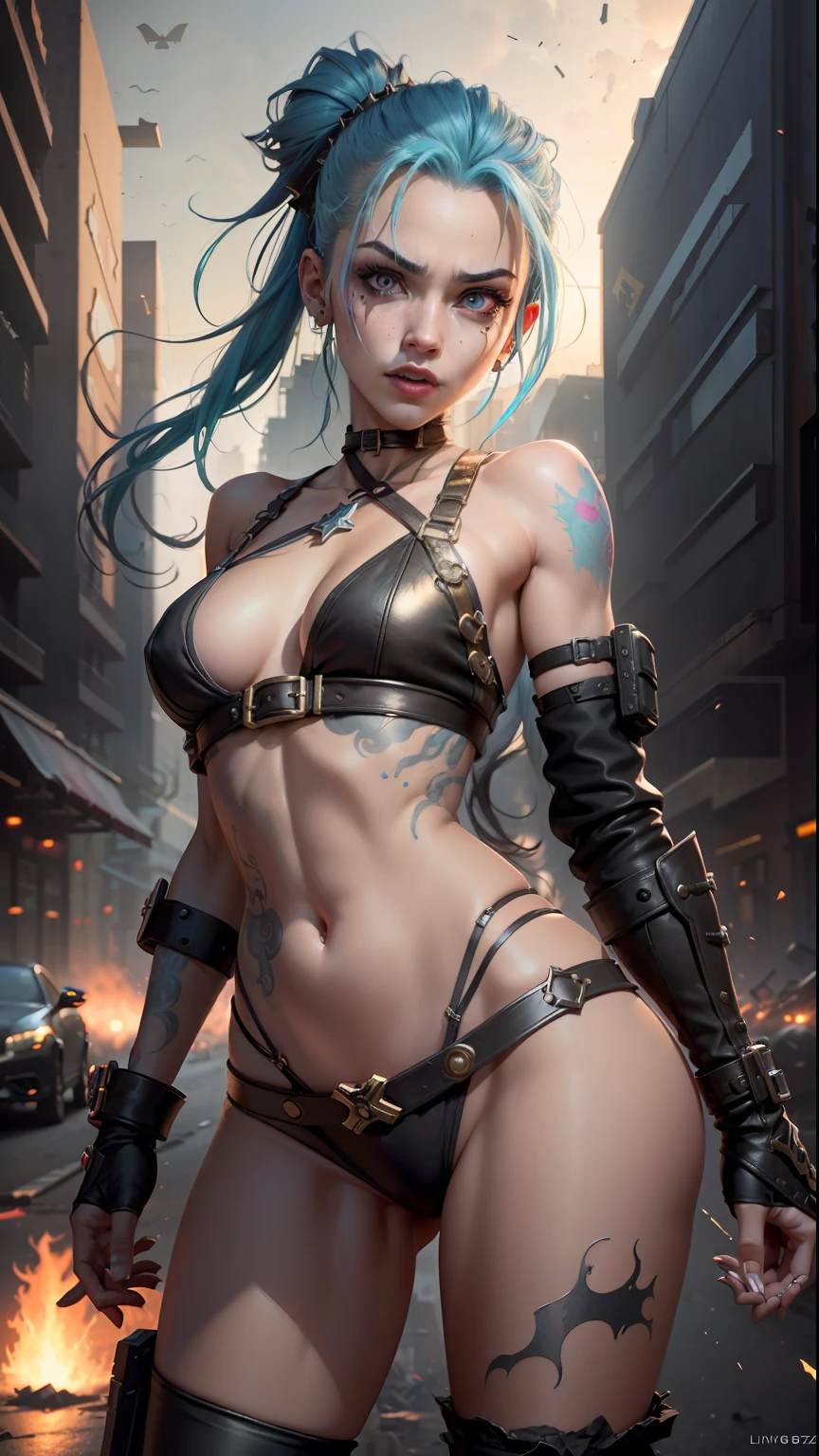((Best quality)), ((masterpiece)), (highly detailed:1.3), 3D, arcane style,In the dark and courageous dystopian city of Piltover, plagued by violence and divided into two opposing factions, a young prodigy named Jinx emerges. Having endured unimaginable loss and abandonment, she embraced a life of chaos and destruction. Known for her inventive and explosive abilities, Jinx becomes an icon of rebellion against the oppressive forces that control the city. However, haunted by guilt and battling inner demons, she must confront her past and decide whether to continue on the path of anarchy or seek redemption amid the turmoil. Explore Jinx's journey as she navigates a treacherous world, fighting for survival, unlocking secrets, and discovering the true meaning of her twisted existence, chaos reigns supreme, and at the center of it all is Jinx, the embodiment of unpredictability. Delve deep into Jinx's twisted mind, exploring the origins of his madness and the driving force behind his destructive nature. Unravel the moments that shaped her into the crazed, iconic character we know. Take us on a wild journey through the vibrant streets of Piltover and the shadowy suburb of Zaun as Jinx wreaks havoc with his explosive arsenal. Can redemption find its way into Jinx's fractured soul? Or will she dance forever on the edge of sanity, embracing the chaos that fuels her very existence? Arcane's fate hangs in the balance as Jinx's path intertwines with unlikely allies and formidable enemies. Ignite your imagination and paint a vivid portrait of Jinx's distorted psyche, capturing the essence of her madness and the indomitable spirit that defines it, HDR (High Dynamic Range), Ray Tracing, NVIDIA RTX, Super-Resolution, Unreal 5, Subsurface Scattering, PBR Texturing, Post-processing, Anisotropic Filtering, Depth of Field, Maximum Clarity and Sharpness, Multit Textures