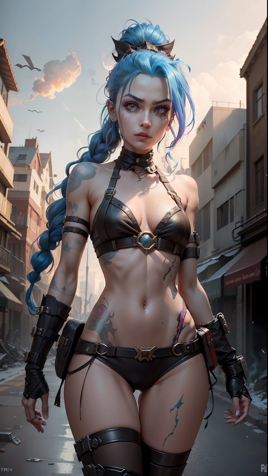 ((Best quality)), ((masterpiece)), (highly detailed:1.3), 3D, arcane style,In the dark and courageous dystopian city of Piltover, plagued by violence and divided into two opposing factions, a young prodigy named Jinx emerges. Having endured unimaginable loss and abandonment, she embraced a life of chaos and destruction. Known for her inventive and explosive abilities, Jinx becomes an icon of rebellion against the oppressive forces that control the city. However, haunted by guilt and battling inner demons, she must confront her past and decide whether to continue on the path of anarchy or seek redemption amid the turmoil. Explore Jinx's journey as she navigates a treacherous world, fighting for survival, unlocking secrets, and discovering the true meaning of her twisted existence, chaos reigns supreme, and at the center of it all is Jinx, the embodiment of unpredictability. Delve deep into Jinx's twisted mind, exploring the origins of his madness and the driving force behind his destructive nature. Unravel the moments that shaped her into the crazed, iconic character we know. Take us on a wild journey through the vibrant streets of Piltover and the shadowy suburb of Zaun as Jinx wreaks havoc with his explosive arsenal. Can redemption find its way into Jinx's fractured soul? Or will she dance forever on the edge of sanity, embracing the chaos that fuels her very existence? Arcane's fate hangs in the balance as Jinx's path intertwines with unlikely allies and formidable enemies. Ignite your imagination and paint a vivid portrait of Jinx's distorted psyche, capturing the essence of her madness and the indomitable spirit that defines it, HDR (High Dynamic Range), Ray Tracing, NVIDIA RTX, Super-Resolution, Unreal 5, Subsurface Scattering, PBR Texturing, Post-processing, Anisotropic Filtering, Depth of Field, Maximum Clarity and Sharpness, Multit Textures
