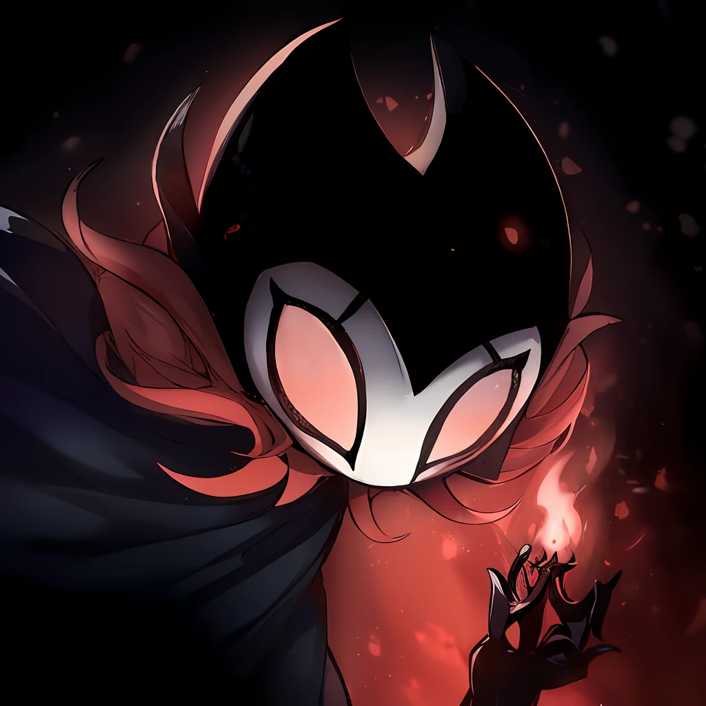 um close up de um personagem de desenho animado segurando uma vela acesa, O Cavaleiro do Cavaleiro Oco, Hornet de Hollow Knight, chaos nightmare ❄️ amour venom, Retrato do cavaleiro oco, Estilo cavaleiro oco, Aura do Mal, sorriso maligno e olhos brilhantes, GERAR, emitindo aura vermelha maligna, evil villain, Cavaleiro Oco, com olhos vermelhos brilhantes, Arte Conceitual Hollow Knight, evil villain grin