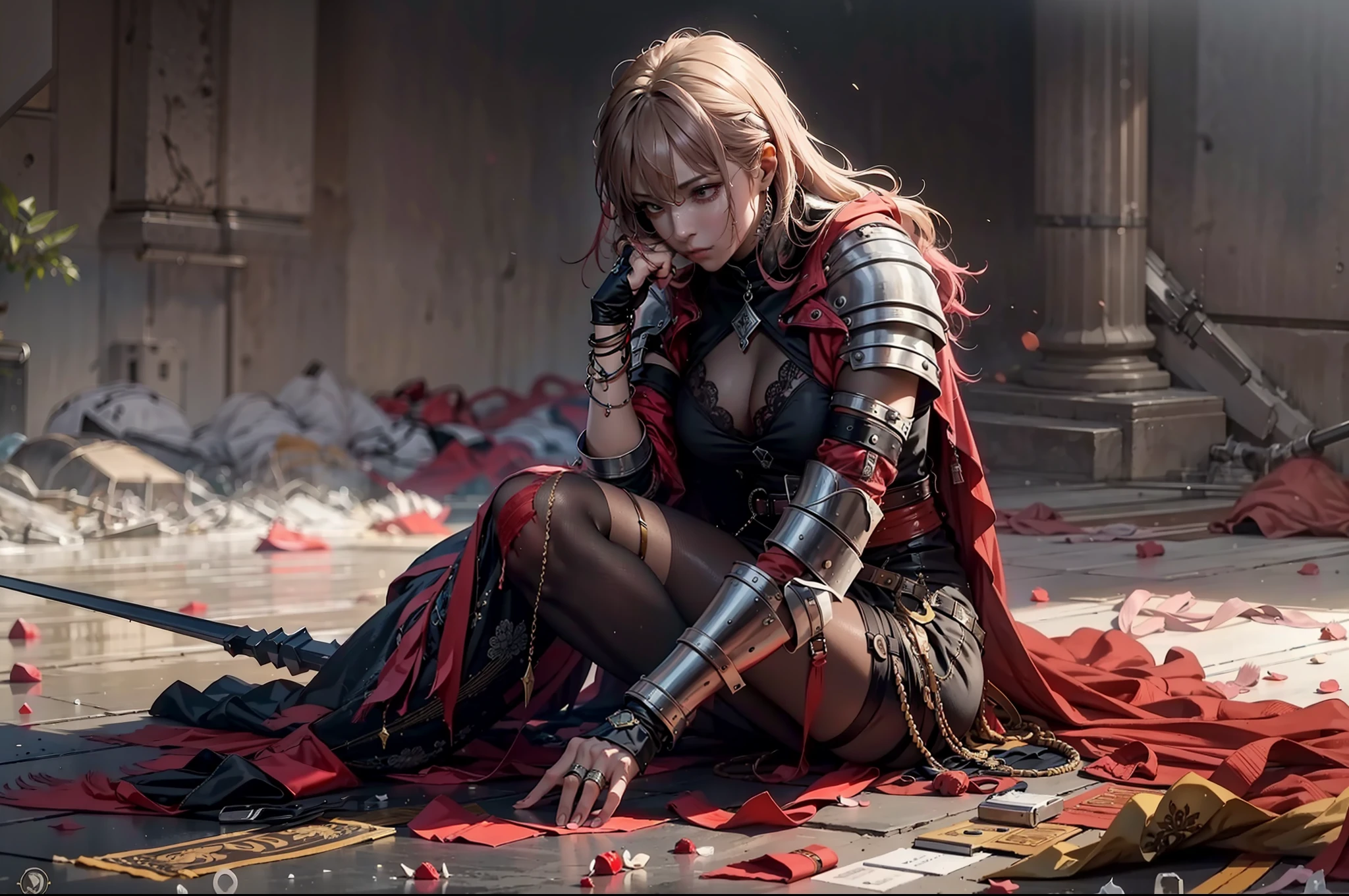 "scene of a wounded female warrior rising from dying in battle,sitting pose kneeling and bowing head,bloody,dying,surviving,medieval background scene,perfect pose,perfect anatomy,dramatic atmosphere,atmosphereic light,semi realistic digital painting"