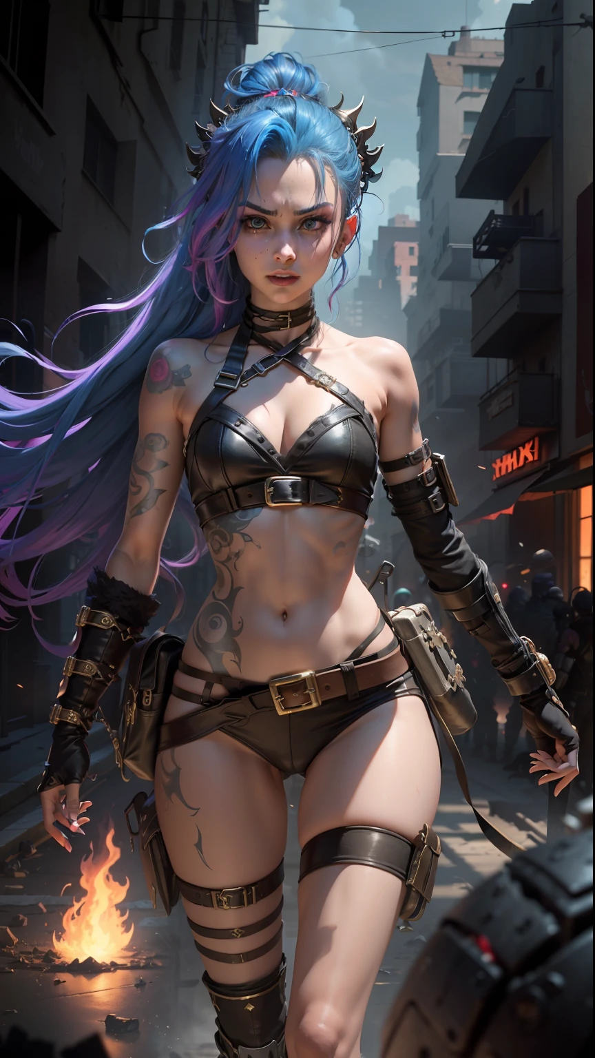 ((Best quality)), ((masterpiece)), (highly detailed:1.3), 3D, arcane style,In the dark and courageous dystopian city of Piltover, plagued by violence and divided into two opposing factions, a young prodigy named Jinx emerges. Having endured unimaginable loss and abandonment, she embraced a life of chaos and destruction. Known for her inventive and explosive abilities, Jinx becomes an icon of rebellion against the oppressive forces that control the city. However, haunted by guilt and battling inner demons, she must confront her past and decide whether to continue on the path of anarchy or seek redemption amid the turmoil. Explore Jinx's journey as she navigates a treacherous world, fighting for survival, unlocking secrets, and discovering the true meaning of her twisted existence, chaos reigns supreme, and at the center of it all is Jinx, the embodiment of unpredictability. Delve deep into Jinx's twisted mind, exploring the origins of his madness and the driving force behind his destructive nature. Unravel the moments that shaped her into the crazed, iconic character we know. Take us on a wild journey through the vibrant streets of Piltover and the shadowy suburb of Zaun as Jinx wreaks havoc with his explosive arsenal. Can redemption find its way into Jinx's fractured soul? Or will she dance forever on the edge of sanity, embracing the chaos that fuels her very existence? Arcane's fate hangs in the balance as Jinx's path intertwines with unlikely allies and formidable enemies. Ignite your imagination and paint a vivid portrait of Jinx's distorted psyche, capturing the essence of her madness and the indomitable spirit that defines it, HDR (High Dynamic Range), Ray Tracing, NVIDIA RTX, Super-Resolution, Unreal 5, Subsurface Scattering, PBR Texturing, Post-processing, Anisotropic Filtering, Depth of Field, Maximum Clarity and Sharpness, Multit Textures