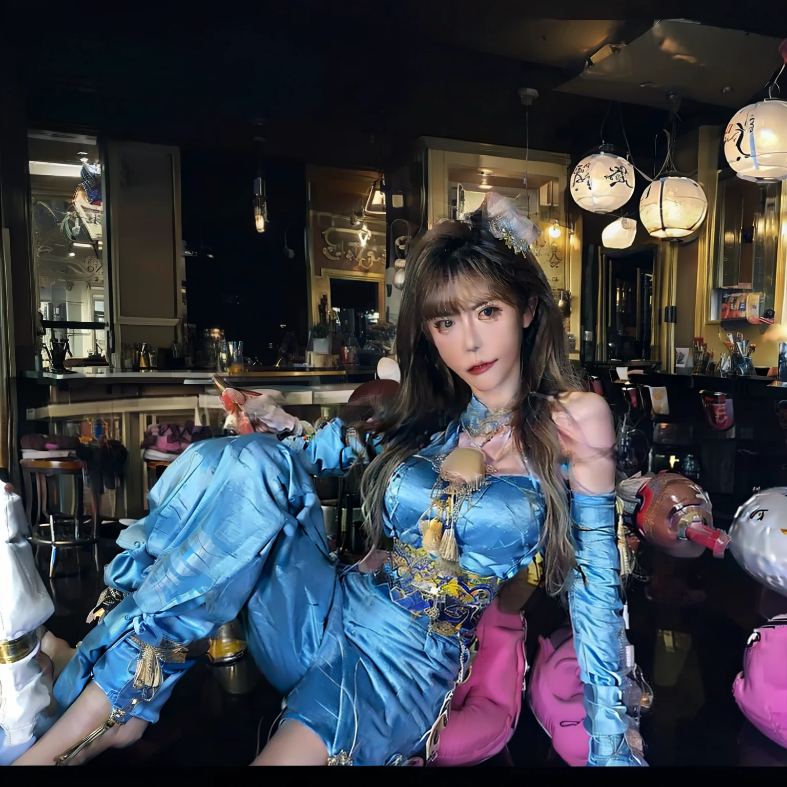 Hermosa chica sexy koreana sentada en un bar, vestida en minifalda y tacones abiertos, exhibiendo sus hermosas piernas en un bar lleno de gente, gran angular, 3D imagen, 24K resolution. Photo style 50mm lens, apertura F 2.5. Sugerencias: No debe salir: Borroso,mala anatomia, mal dibujado, malas proporciones, mal arte, mutado, mutilado, morbid, extremidades extra, extremidades perdidas, extremidades flotantes, extremidades extras, extremidades fusionadas, fuera de foco, low res, carton, plastico