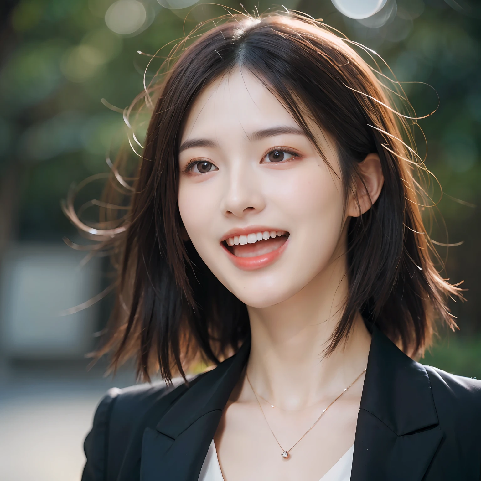 Dressed, (photographrealistic:1.4), (Hyper realistic:1.4), (Realistic:1.3), (Smoother lighting:1.05), (increase cinematic lighting quality:0.9), 32K, 1girl in,25-years old, Realistic lighting, Backlighting, Light on Face, raytrace, (Brightening light:1.2), (Increase quality:1.4), (Top quality real texture skins:1.4), finely detailed eyes, finerly detailed face, (tired and sleepy and joy:0), (Laugh:1.4), Black Suit,a necklace, (Increase body line mood:1.1), (Increase the beauty of skin texture:1.1)