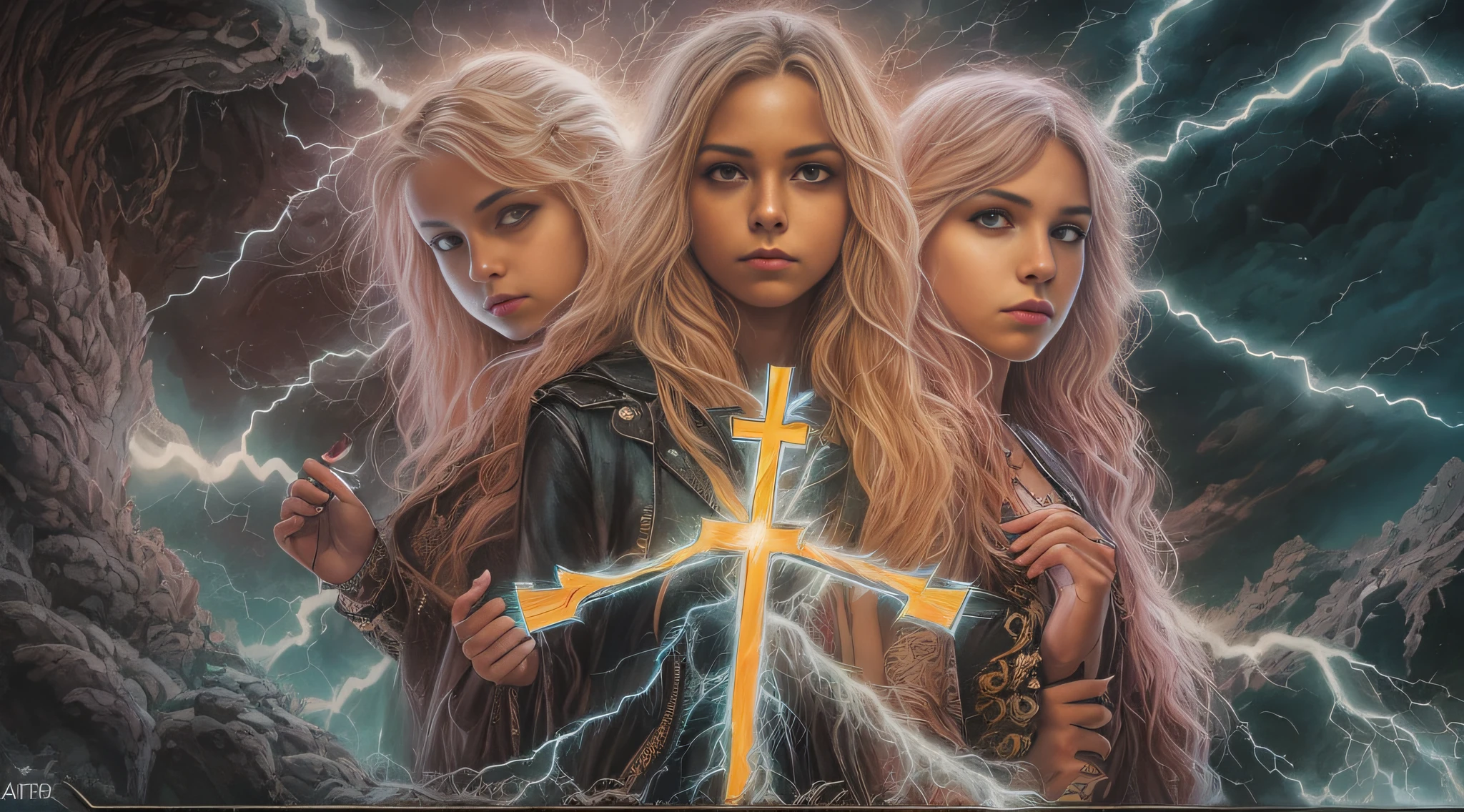 Um meio corpo, Portrait of 3 girls KIDS German long blonde hair TRAIDS 12 years, jaquetas couro vermelhas, holding in his hands a cross, a closeup of a cross with lightning sticking out of it, Power metal album cover, arte oficial, album art, official poster art, Naga-Tirr, metal album cover, Arte Promocional, album, arte chave, Arte Oficial HDR, Directed by: Ignacio Zuloaga, arca album cover, album cape, arte detalhada da capa, em um fundo escuro