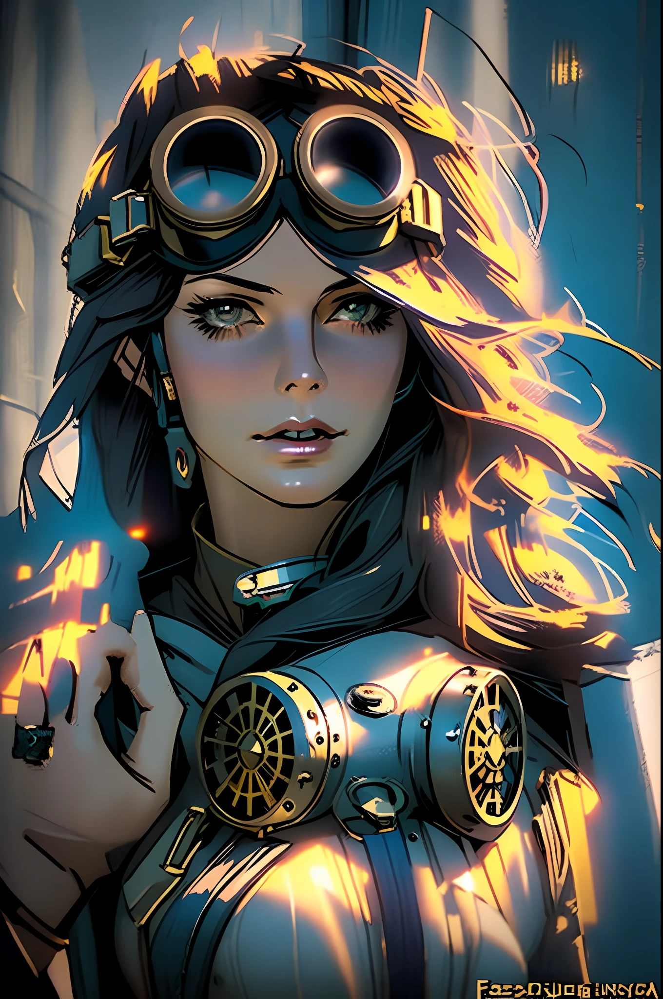Woman with steam mask and goggles in front of a building, olhar dieselpunk, dieselpunk soldado , In a post-apocalyptic setting, mystical post apocalyptic cyborg, guerreiro steampunk, post apocalyptic attire, Poderosa princesa do deserto, meninapunk, em estilo mad max, estilo de fantasia steampunk, uma deusa steampunk bonita, fantasia steampunk, dieselpunk setting, Kate Beckinsale in a beautifully lit scene during a sunny morning