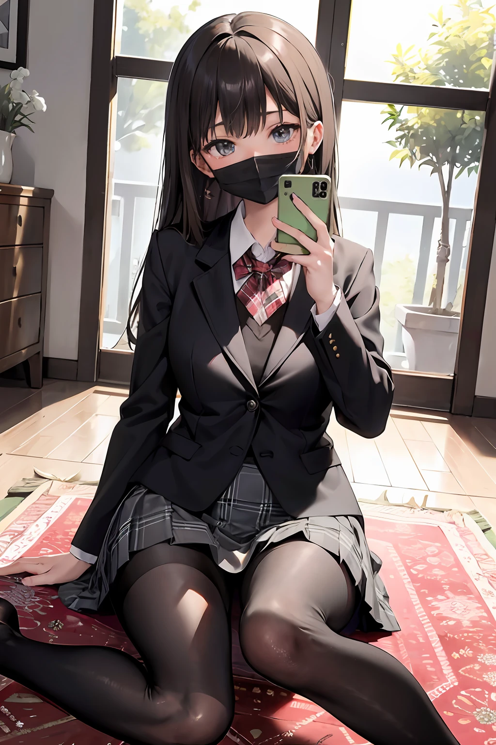 selfie photo、hi-school girl、Take a selfie in the mirror、sitting down on the floor、Sit with your knees raised、M-shaped legs、Open your crotch、spread legswide、panties on、cameltoe、On a rug mat、brownish hair、(Black mask)、校服、(Brown blazer)、Ribbon Ties、(Green and gray plaid skirt)、(Black tights)、​masterpiece、highcontrast、cinematlic lighting、Detailed shading、top-quality、Top image quality