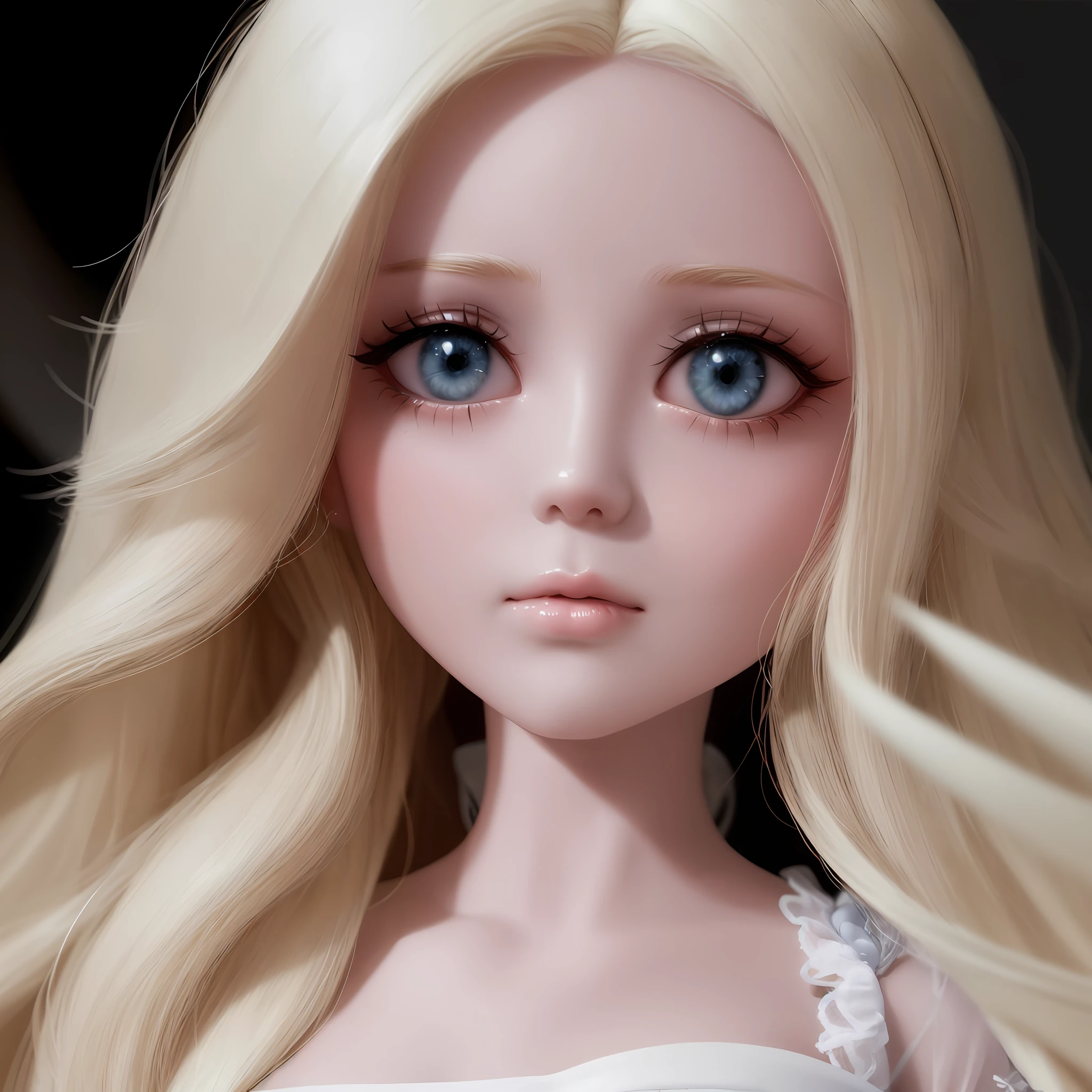 boneca barbie loira com longos cabelos loiros, ligeiro sorriso e um vestido de renda branco, longos cabelos loiros e olhos grandes, Well done eyelashes, boneca articulada da bola, longos cabelos loiros e olhos grandes, cabelos loiros e olhos grandes, skyboneca noa |, imagem detalhada, imagem detalhada, plastic doll, pale milky white porcelain skin, boneca barbie anime, Retrato da boneca Barbie, boneca, cara de boneca, porcelana pele branca