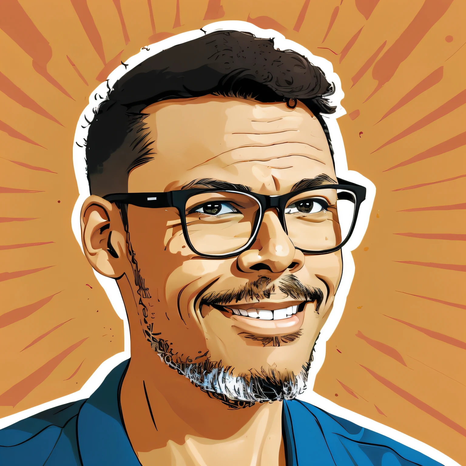 guttonerdjul23, 2d illustration of light brown-skinned man wearing glasses, seductive smile, short hair, brown eyes, cartoon style, comic book background, blur background