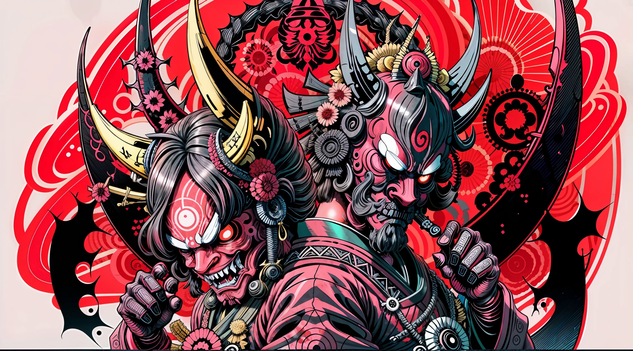 black and pink, Hannya style 0mib mask, illustrator, masterpiece, high quality, 8k, high resolution, high detailed, Japanese, samurai