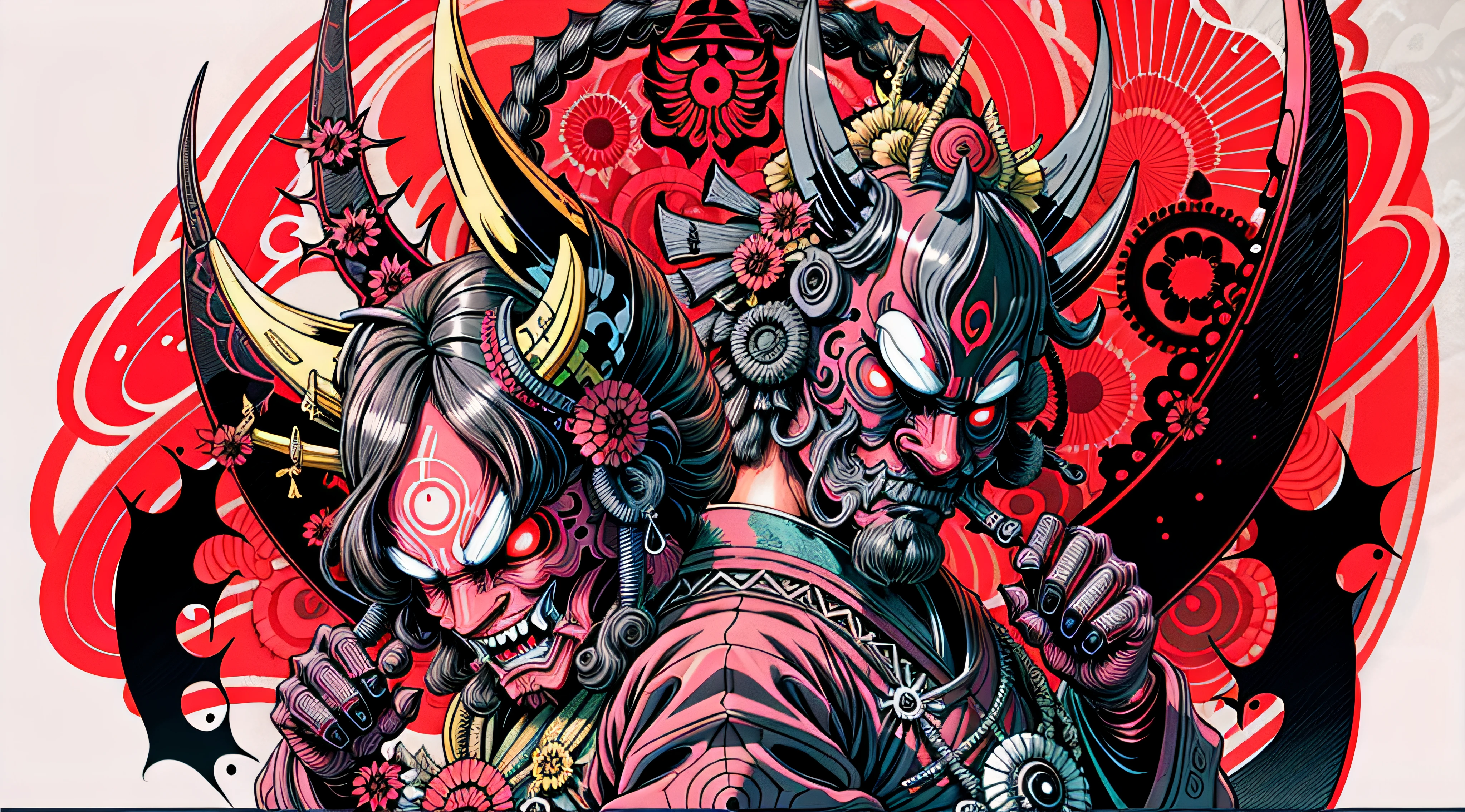 black and pink, Hannya style 0mib mask, illustrator, masterpiece, high quality, 8k, high resolution, high detailed, Japanese, samurai