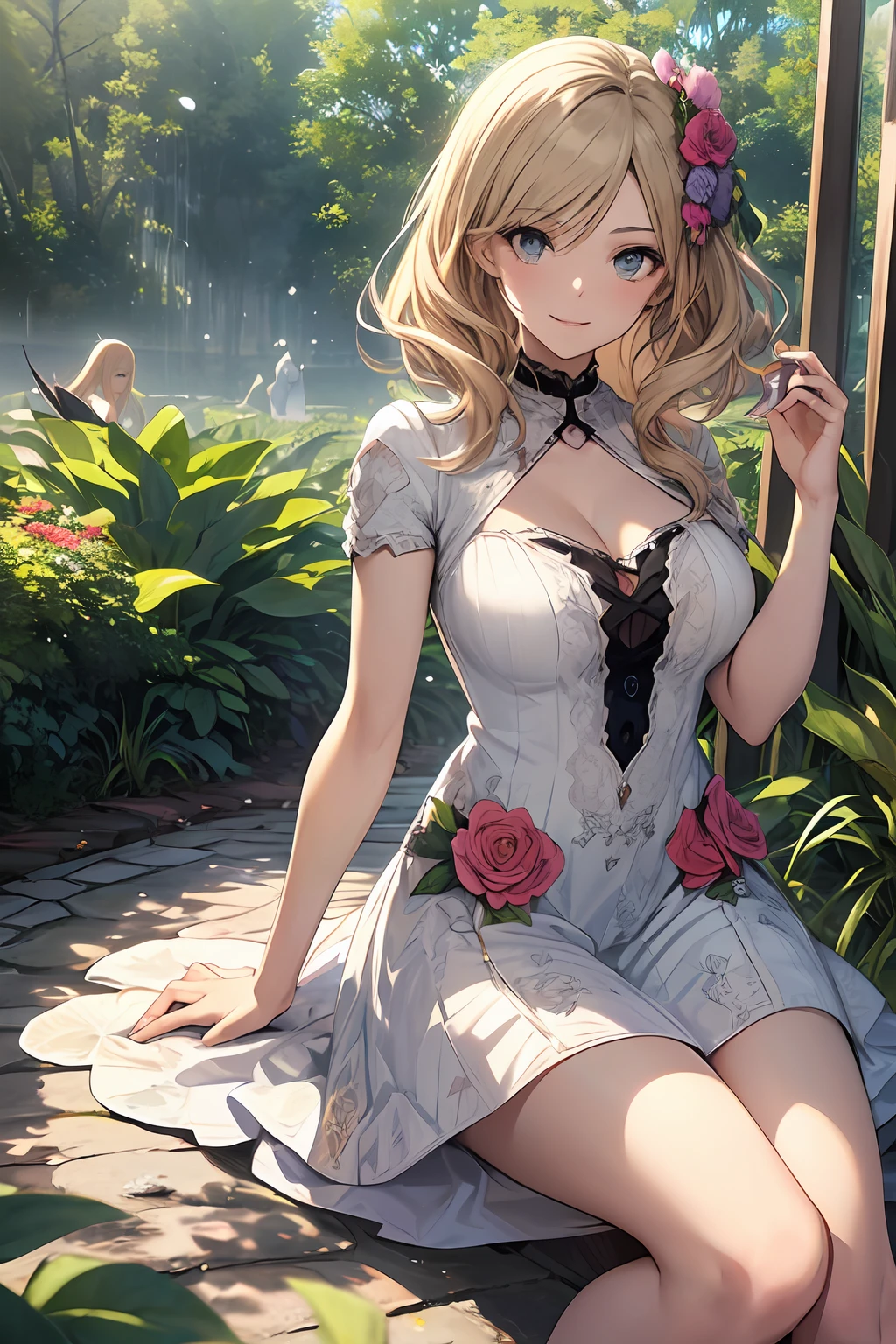 Focus on the person. We create and express the best shining composition of the person. ((Masterpiece)), (((highest quality)))), ((Ultra detail)), (Ultra realistic), (Highly detailed CG illustrations), (Very delicate and beautiful), Girls as masterpieces, highest quality, realistic skin, realistic fabrics, realist illustrations focusing on girls with realistic and ultra-detailed eyes in the center front. This is the absolute rule, and the following sentence expresses the image quality. It is the greatest masterpiece in the history of the class of Inuitsuki Ichigo, in which the owner of the greatest painting talent in human history met an unparalleled beauty and risked his life to depict the most beautiful figure. Create stunning anime artwork that is currently trending on seaStation, showcasing exquisite beauty and captivating aesthetics. 
"Create an attractive image featuring two pretty sisters. The composition should create an atmosphere of high fashion, portraying the sisters as attractive models, radiating irresistible charm.

Her older sister, Emily, is a short, girl with long blonde hair with loose curls running down her back. Her charming blue eyes shimmer mischievously and her rosy cheeks add innocence to her overall appearance. Emily wears a pastel pink knee-length dress with a delicate lace pattern. The dress has a slim bodice that emphasizes her slender figure, and a flared skirt adds playfulness to her ensemble. She also wears delicate silver heels that perfectly complement her outfit.

My sister Lily is a pretty cherub with short curly hair that surrounds her face. Her big round hazel eyes are full of curiosity, and her dimple smile radiates pure joy. Lily wears a bright yellow sundress with a floral print that reflects her lively personality. The dress has a twily skirt that sways with each step she takes, which is matched with white sneakers decorated with colorful ribbons.

The setting of the image is a picturesque garden with abundant flowers and lus