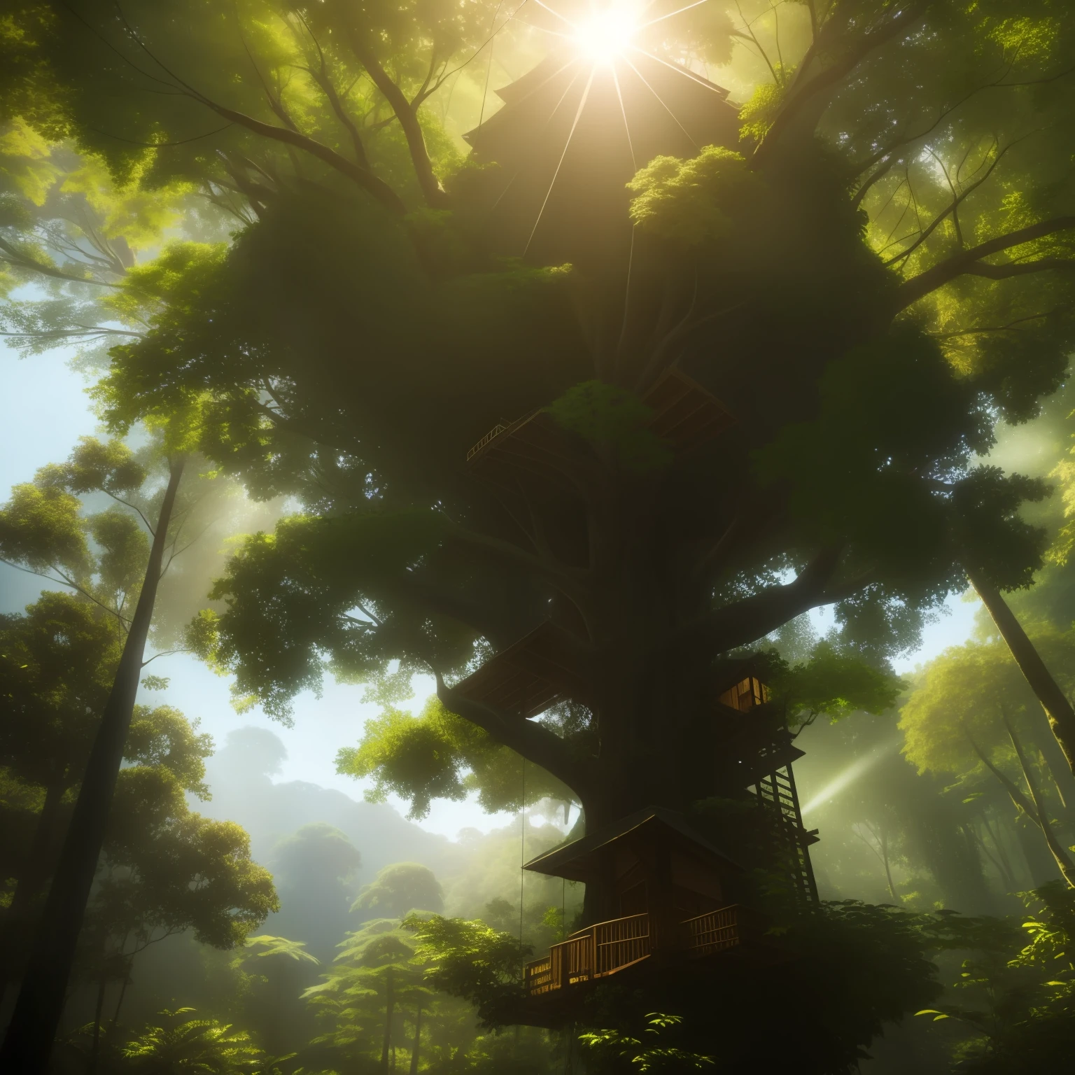 Large treehouse in a massive tree in the middle of the rainforest on a sunny day. Very detailed, ultra realistic. Flock of birds, rays of sun, photorealistic, 8k, cinematic lighting very detailed