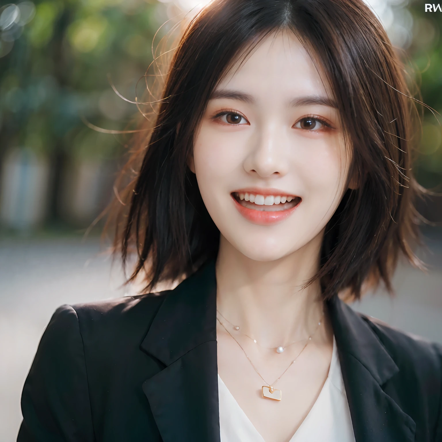 Dressed, (photographrealistic:1.4), (Hyper realistic:1.4), (Realistic:1.3), (Smoother lighting:1.05), (increase cinematic lighting quality:0.9), 32K, 1girl in,25-years old, Realistic lighting, Backlighting, Light on Face, raytrace, (Brightening light:1.2), (Increase quality:1.4), (Top quality real texture skins:1.4), finely detailed eyes, finerly detailed face, (tired and sleepy and joy:0), (Laugh:1.4), Black Suit,a necklace, (Increase body line mood:1.1), (Increase the beauty of skin texture:1.1)
