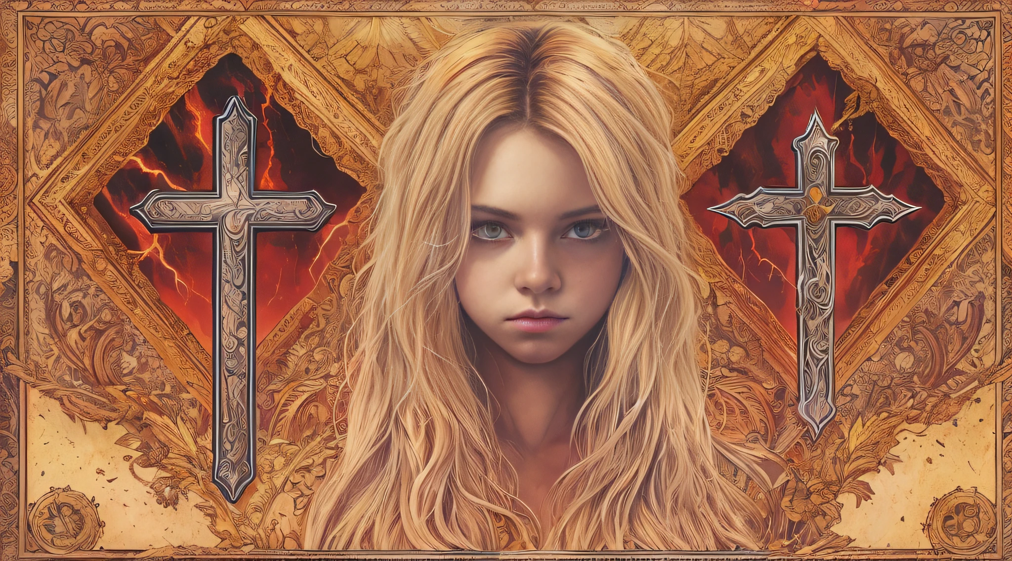 Um meio corpo, Portrait of 3 girls KIDS German long blonde hair TRAIDS 12 years, jaquetas couro vermelhas, holding in his hands a cross, a closeup of a cross with lightning sticking out of it, Power metal album cover, arte oficial, album art, official poster art, Naga-Tirr, metal album cover, Arte Promocional, album, arte chave, Arte Oficial HDR, Directed by: Ignacio Zuloaga, arca album cover, album cape, arte detalhada da capa, em um fundo escuro