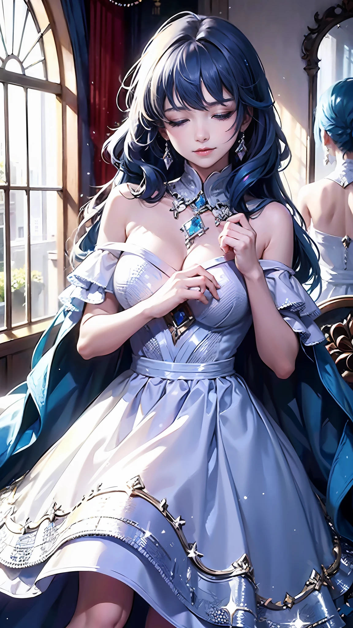a girl ,(dress covered in crystals:1.3),long blue hair,eyes closed,Put her hands around her chest,The mirror broke into countless pieces