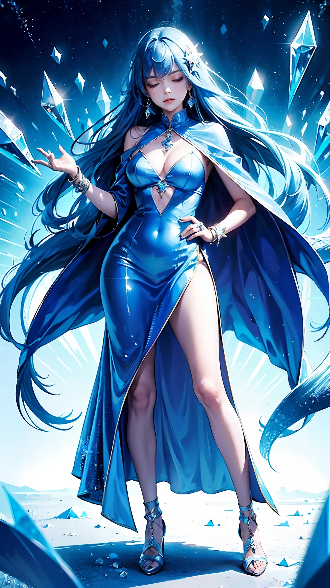 a girl ,full body,(dress covered in crystals:1.3),long blue hair，eyes closed,Put her hands around her chest,The mirror broke into countless pieces