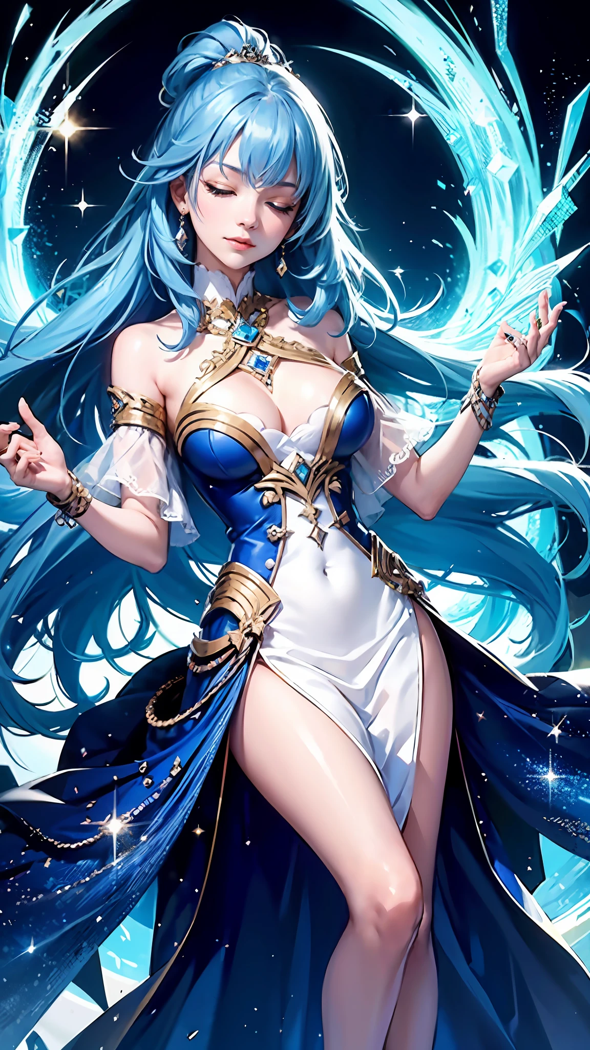 a girl ,full body,(dress covered in crystals:1.3),long blue hair,eyes closed,Put her hands around her chest,The mirror broke into countless pieces