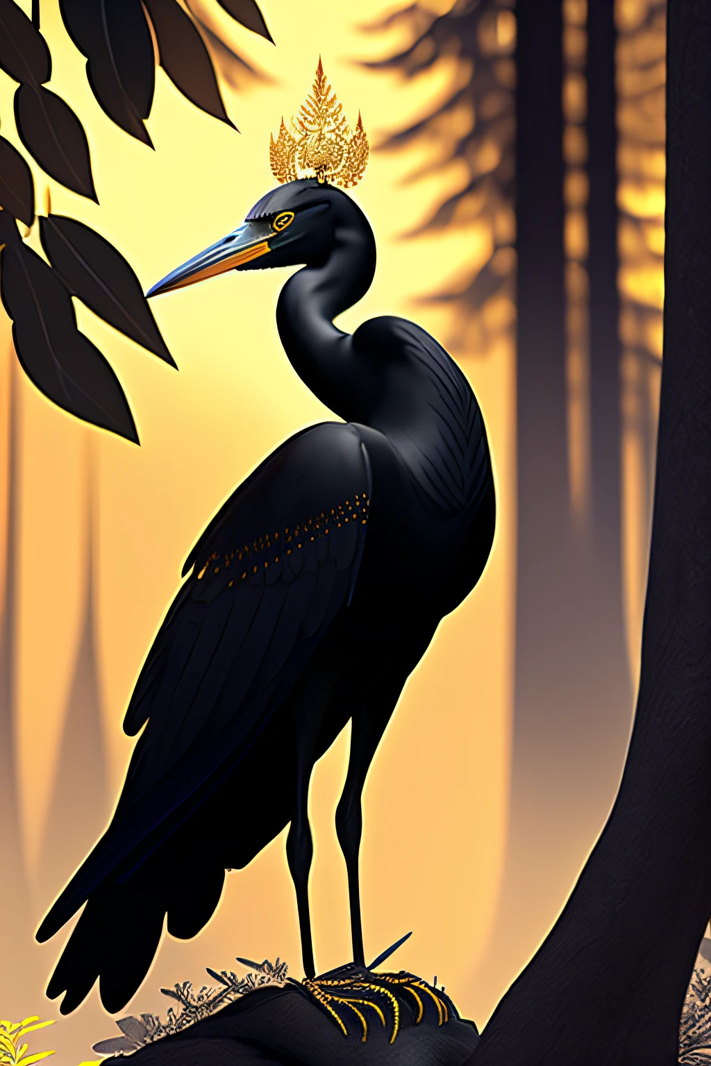 Photo of a black heron with golden feathers and glowing eyes amid the mist of a shadowy forest, magia-fantasia-floresta, arte digital, most amazing art in the world, ((sem humanos)), Light Volumetric, cores suaves equilibradas, forest scenery, videiras, uhd, render de octanas 8k, magica, Awesome, ethereal, intrincado, design intrincado, ultra sharp, sombras, cores mais frias, trend in CGSociety, olhos brilhantes, ((melhor qualidade)), ((obra-prima)), (detalhado), corvo com penas azuis