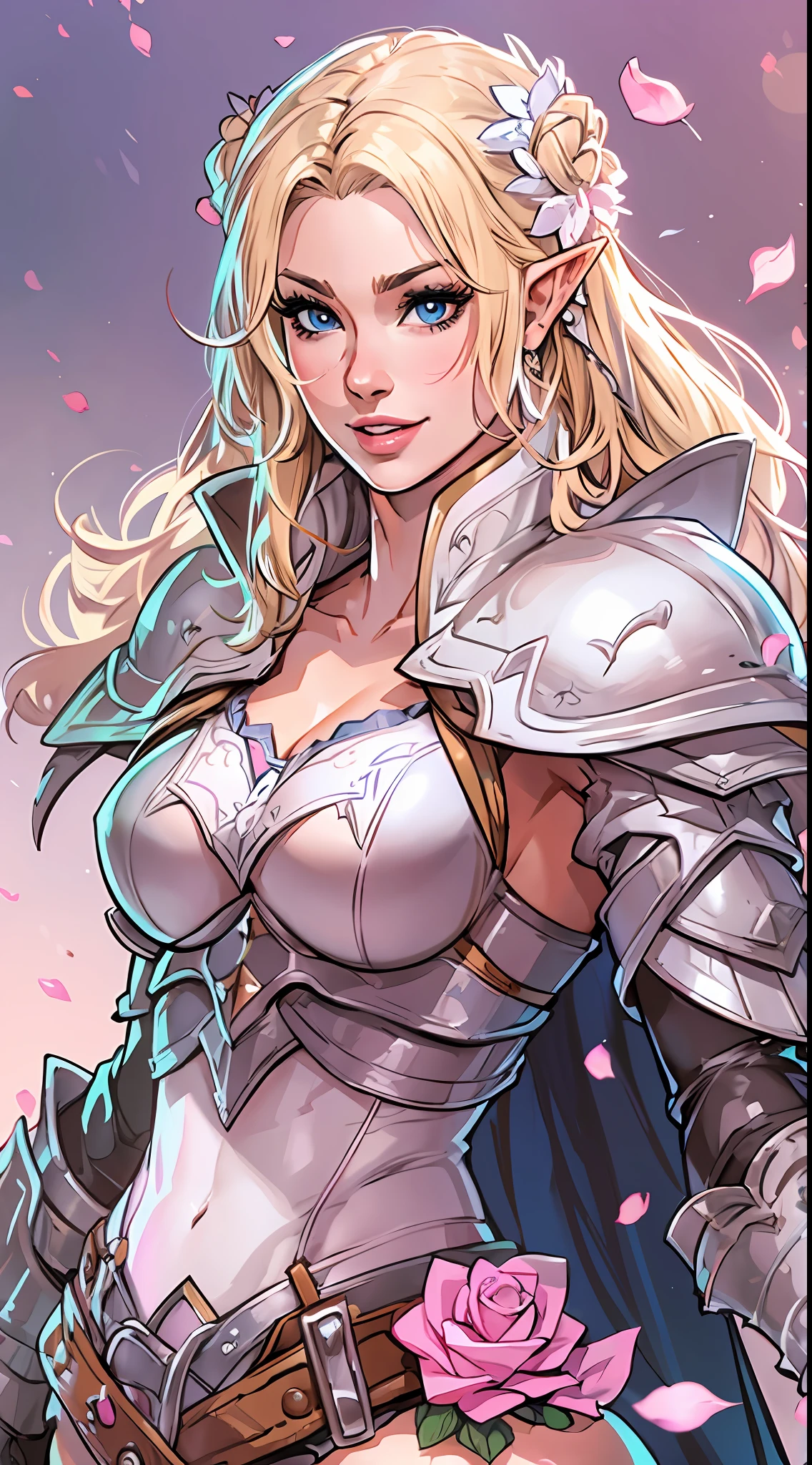 Elven paladin, fantasy, plate gauntlets, plate greaves, butt cape, blonde hair, smiling, zweihander, action pose, white metal bikini armor, pasties, busty, plate boots, delicate, soft features, beautiful detailed face, shiny skin, elegant, beautiful, messy bun, thick thighs, large ass, huge breasts:1.3, upper body, thick, skindentation, full lips, black eyeliner, mascara, pink blush, elegant makeup, divine warrior, Holy knight, blue and white accent streaks, rose petals