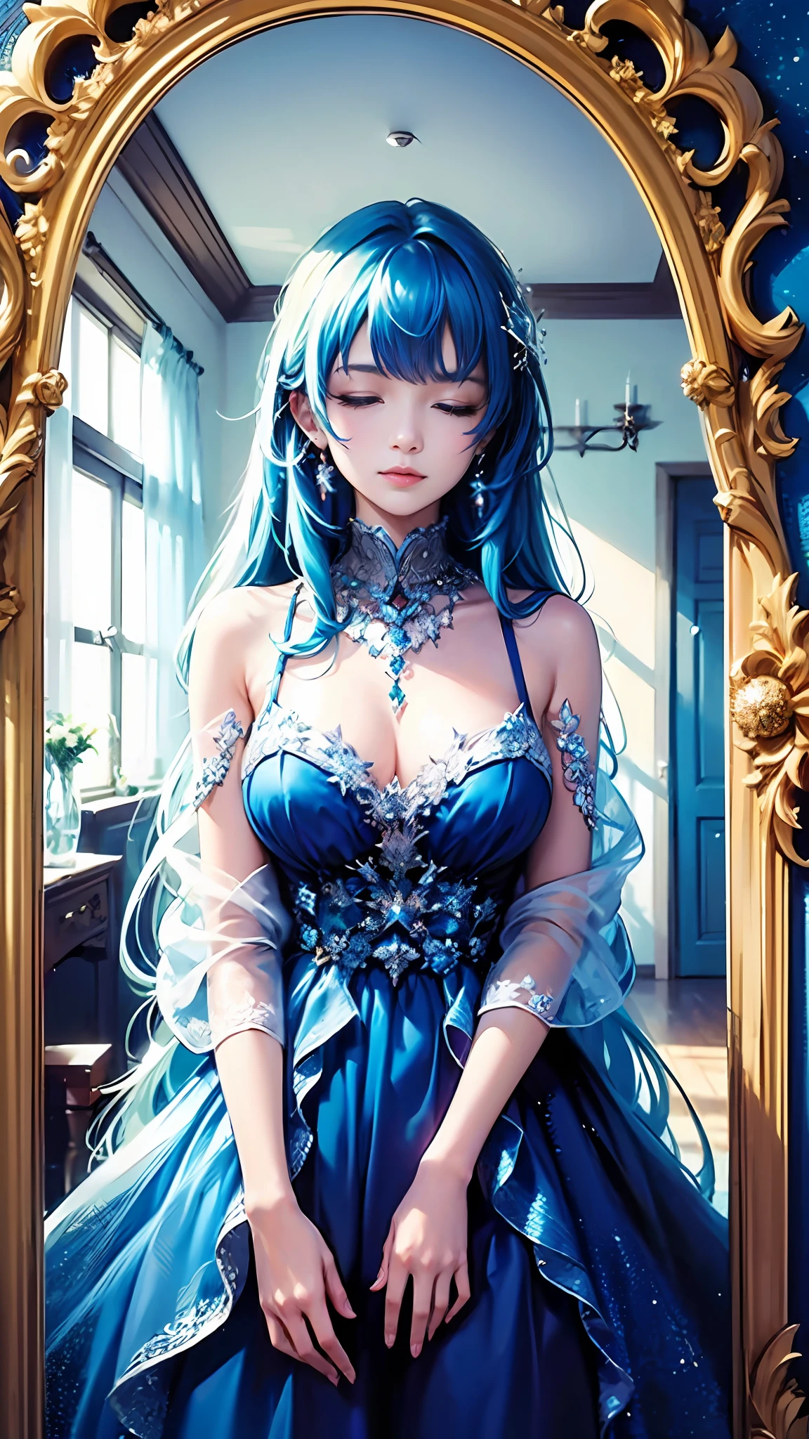 a girl ,(dress covered in crystals:1.3),long blue hair,eyes closed,Put her hands around her chest,The mirror broke into countless pieces