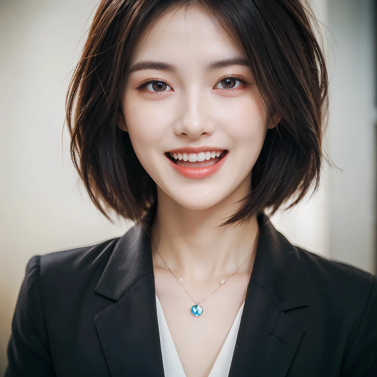 Dressed, (photographrealistic:1.4), (Hyper realistic:1.4), (Realistic:1.3), (Smoother lighting:1.05), (increase cinematic lighting quality:0.9), 32K, 1girl in,25-years old, Realistic lighting, Backlighting, Light on Face, raytrace, (Brightening light:1.2), (Increase quality:1.4), (Top quality real texture skins:1.4), finely detailed eyes, finerly detailed face, (tired and sleepy and joy:0), (Laugh:1.4), Black Suit,a necklace, (Increase body line mood:1.1), (Increase the beauty of skin texture:1.1)