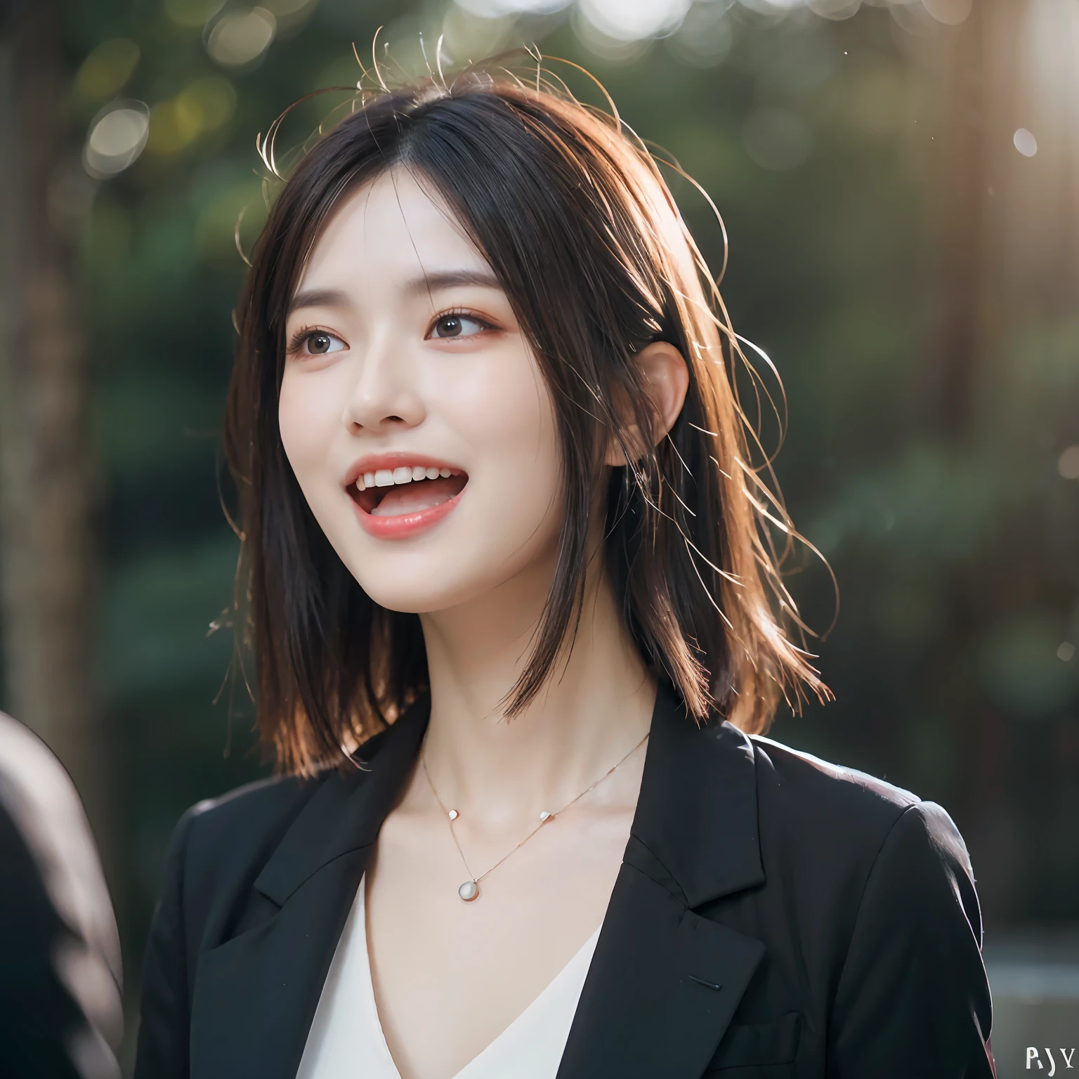 Dressed, (photographrealistic:1.4), (Hyper realistic:1.4), (Realistic:1.3), (Smoother lighting:1.05), (increase cinematic lighting quality:0.9), 32K, 1girl in,25-years old, Realistic lighting, Backlighting, Light on Face, raytrace, (Brightening light:1.2), (Increase quality:1.4), (Top quality real texture skins:1.4), finely detailed eyes, finerly detailed face, (tired and sleepy and joy:0), (Laugh:1.4), Black Suit,a necklace, (Increase body line mood:1.1), (Increase the beauty of skin texture:1.1)
