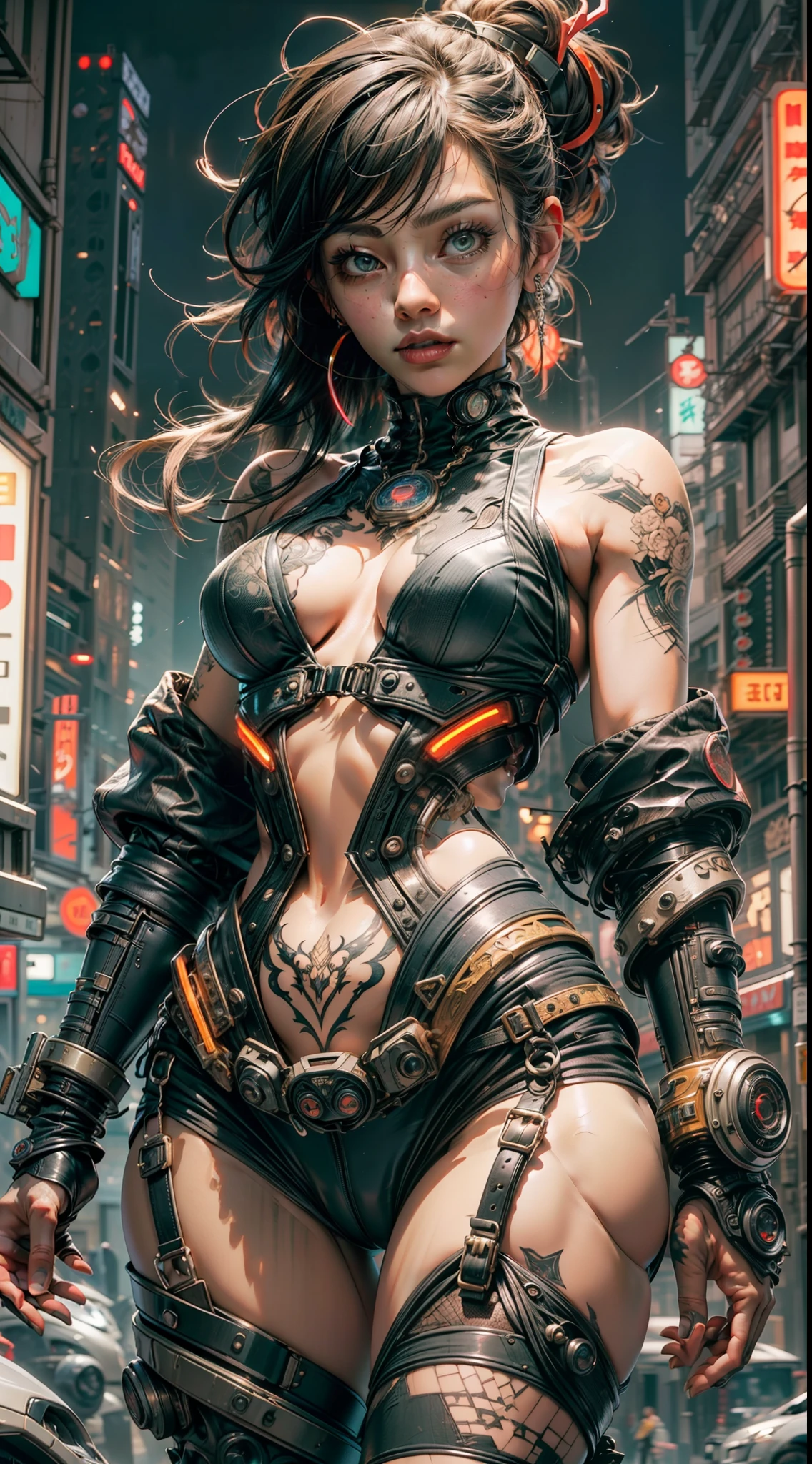 masterpiece, best quality, 1 cyberpunk girl standing, Harajuku-inspired cyberpunk body harness, body tattoo, bold colors and patterns, eye-catching accessories, trendy and innovative hairstyle, dazzling Cyberpunk cityscape, skyscrapers, neon signs, LED lights, bright and vivid color scheme, anime, illustration, detailed skin texture, detailed cloth texture, beautiful detailed face, intricate details, ultra detailed, cinematic lighting, dark shadows.