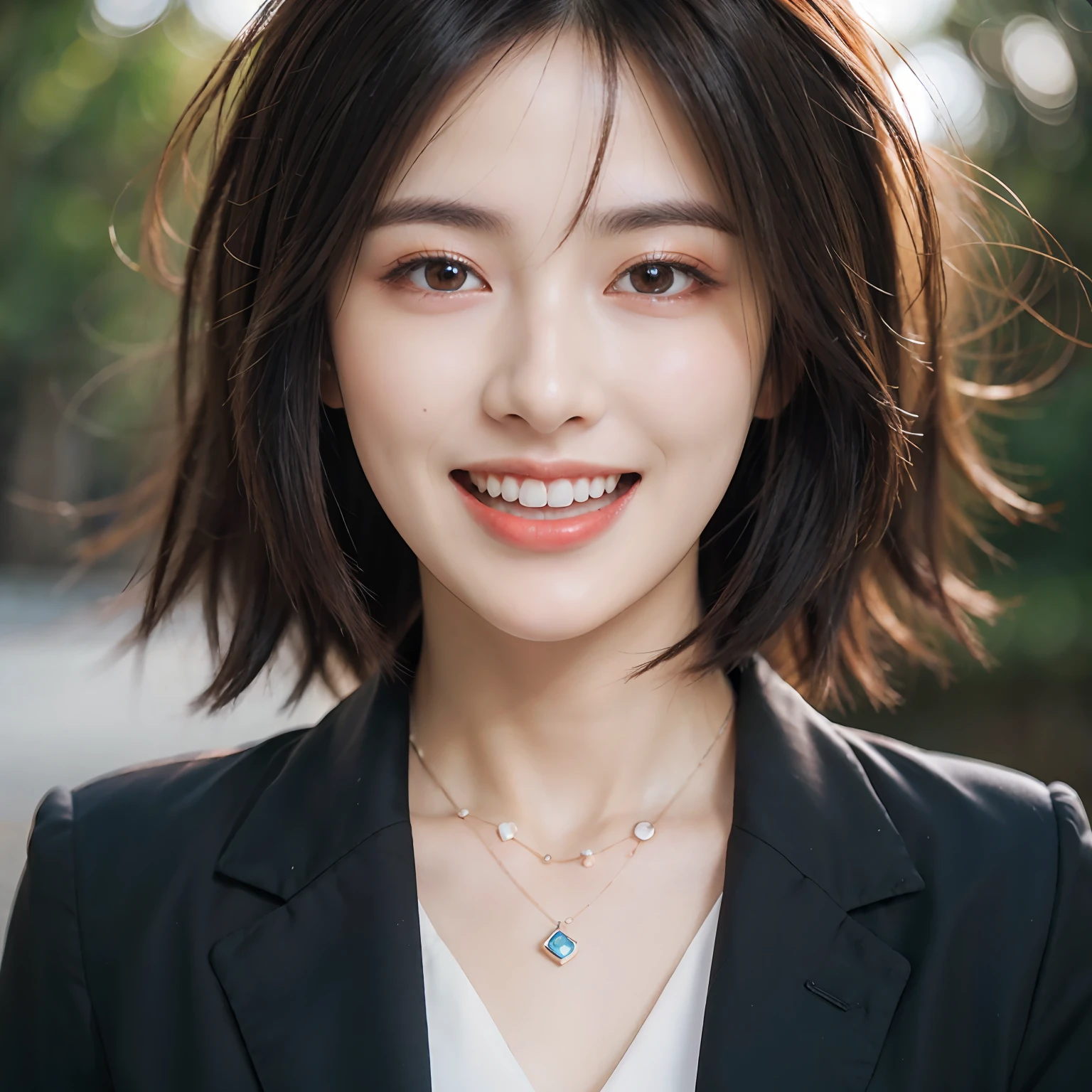 Dressed, (photographrealistic:1.4), (Hyper realistic:1.4), (Realistic:1.3), (Smoother lighting:1.05), (increase cinematic lighting quality:0.9), 32K, 1girl in,25-years old, Realistic lighting, Backlighting, Light on Face, raytrace, (Brightening light:1.2), (Increase quality:1.4), (Top quality real texture skins:1.4), finely detailed eyes, finerly detailed face, (tired and sleepy and joy:0), (Laugh:1.4), Black Suit,a necklace, (Increase body line mood:1.1), (Increase the beauty of skin texture:1.1)