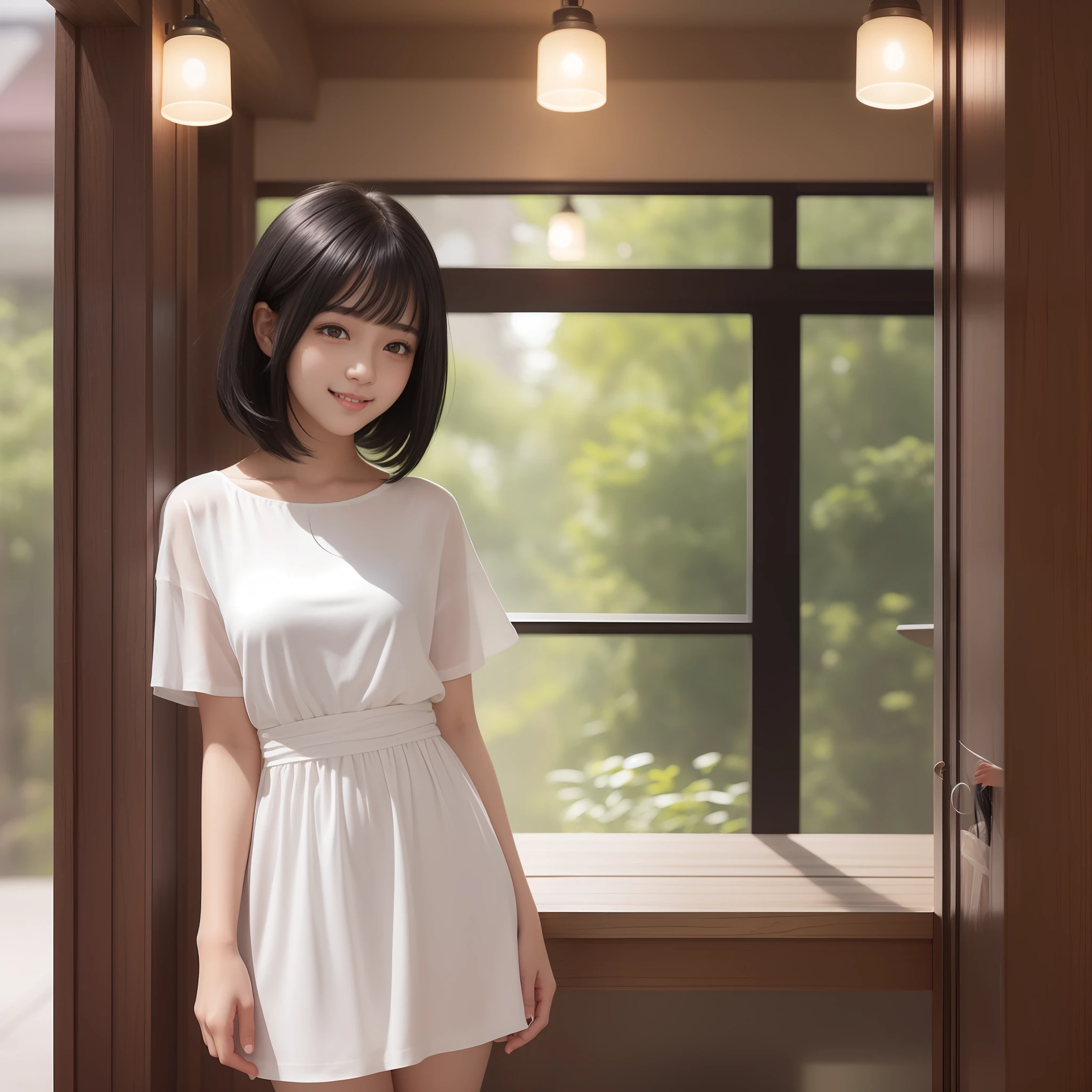 Image of beautiful teenage girl with top quality CG illustration。In high resolution、Beautiful fine details、tranquil atmosphere。(((Black Hair Bob Hair)))、Cute smile with mouth closed。Girl in white light short sleeve dress standing in room。