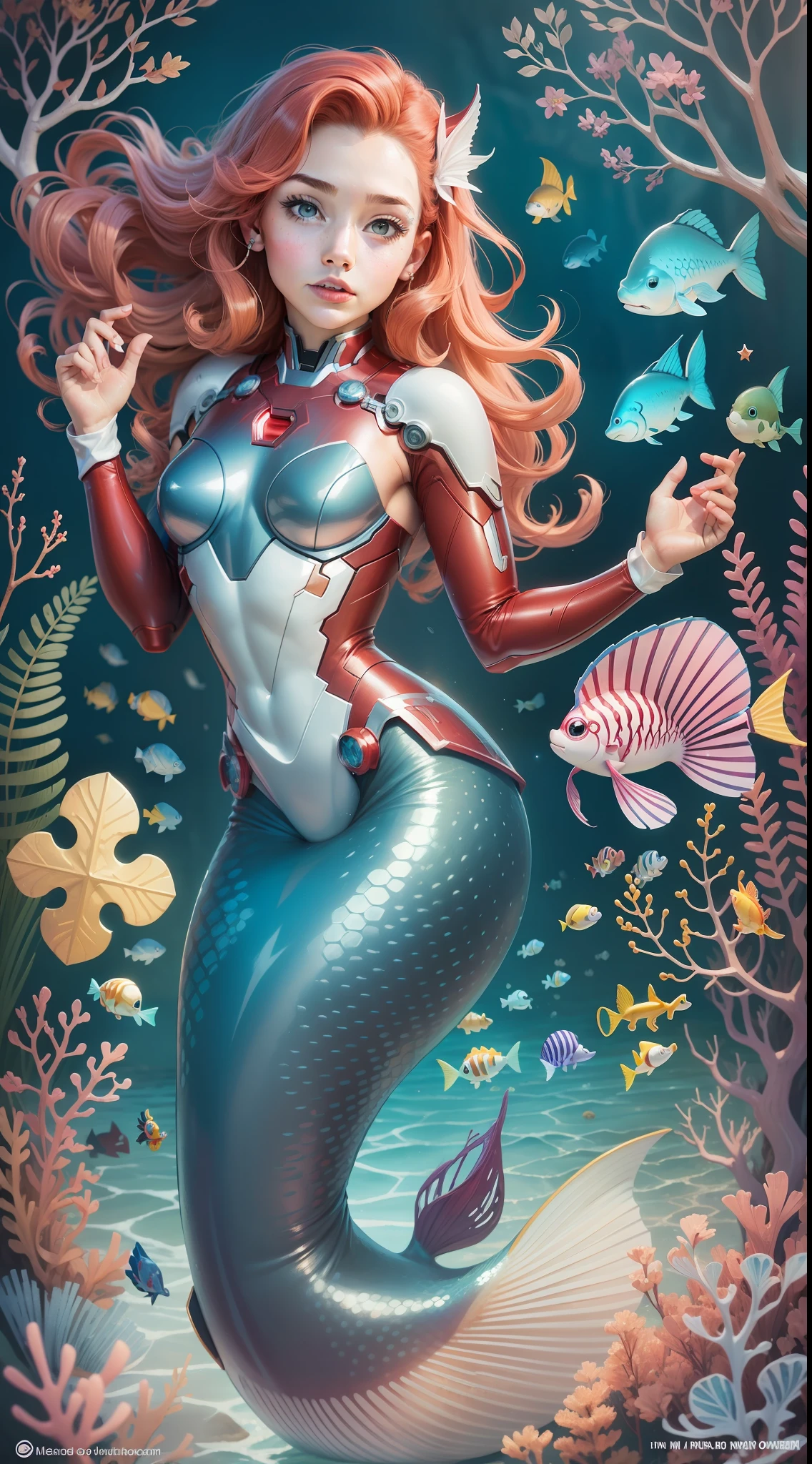 ironman ariel the little ironman mermaid and flounder fish, ironman ariel the little ironman mermaid, little ironman mermaid, princess ironman ariel, the little ironman mermaid, little ironman mermaid magical kingdom, ironman mermaid, disney cartoon, disney art style, children's animated films, art in the style of disney, disney princess, beautiful ironman mermaid, disney character, animated film, ironman mermaids, disney character style, ironman mermaids and fish