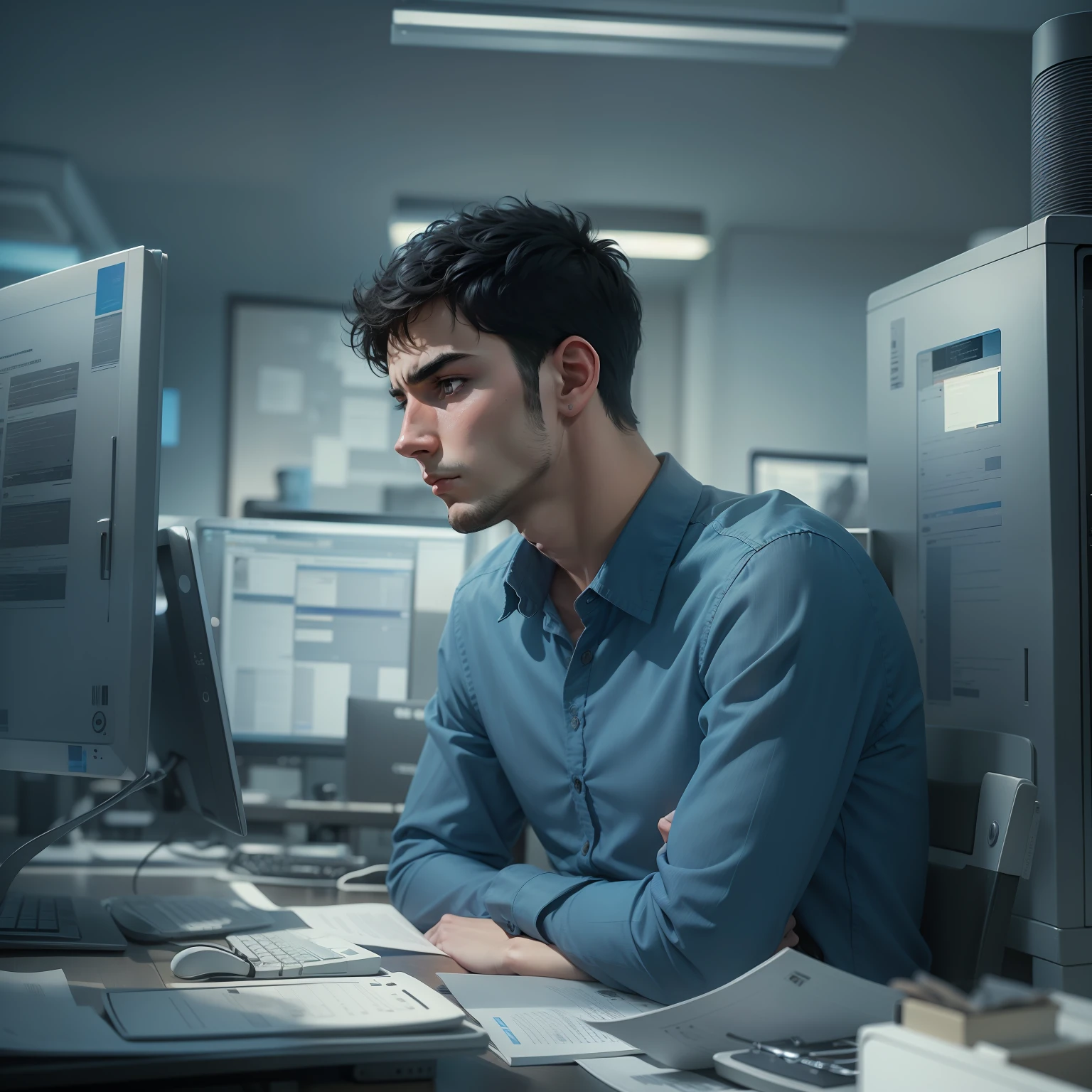 Ultra realistic image of a 25-year-old man, short black hair, dressed in a blue blouse, sitting in front of a computer with an extremely sad and depressed expression, a scenario of a work environment