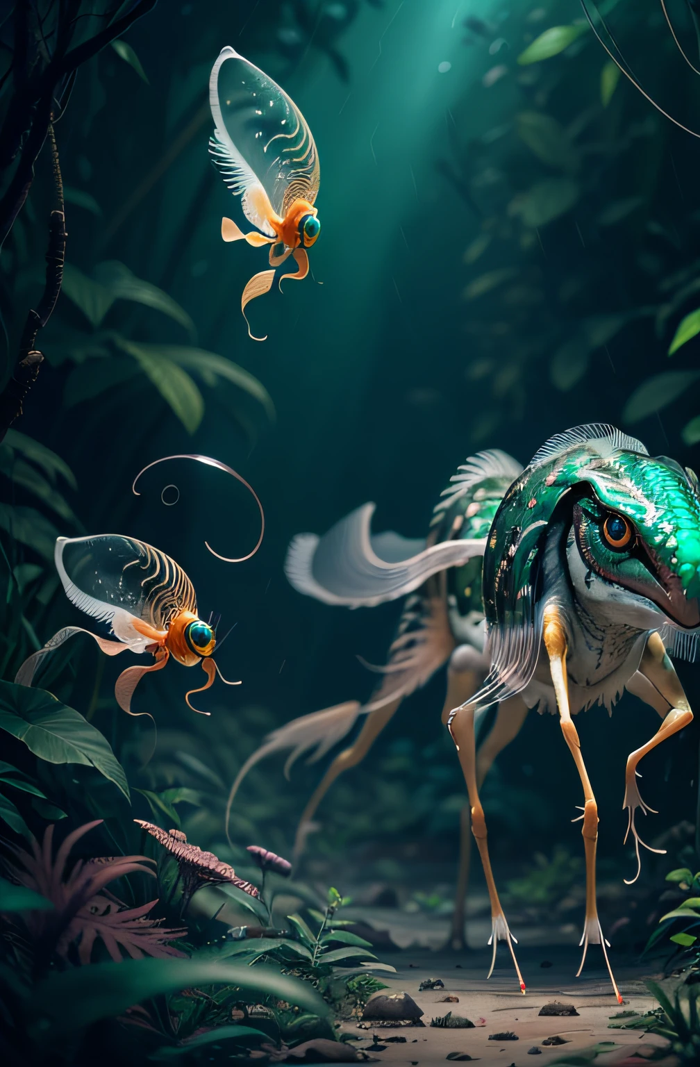predator four legs creature slim like Cheetah with green feathers and beak. predator creature like gepard with feathers ((six legs)) slender, long body with feathers, green gepard body with feathers, long legs creature with transparent and lighting body, walking on all six legs, (((cuttlefish head))), ((four eyes)),jellyfish transparent body, six leghs, in the jungle, jungle, rain forest, high image quality, realistic look, high-resolution photography, 8K, full-frame matrix, deep shadows, ((one character)), (intricate details, subsurface scattering, hyperdetailed:1.15), (hyperrealism, volumetric lighting, sharp:1.5) Fujifilm XT3