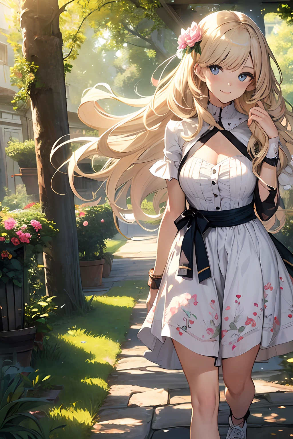 Focus on the person. We create and express the best shining composition of the person. ((Masterpiece)), (((highest quality)))), ((Ultra detail)), (Ultra realistic), (Highly detailed CG illustrations), (Very delicate and beautiful), Girls as masterpieces, highest quality, realistic skin, realistic fabrics, realist illustrations focusing on girls with realistic and ultra-detailed eyes in the center front. This is the absolute rule, and the following sentence expresses the image quality. It is the greatest masterpiece in the history of the class of Inuitsuki Ichigo, in which the owner of the greatest painting talent in human history met an unparalleled beauty and risked his life to depict the most beautiful figure. Create stunning anime artwork that is currently trending on seaStation, showcasing exquisite beauty and captivating aesthetics. 
"Create an attractive image featuring two pretty sisters. The composition should create an atmosphere of high fashion, portraying the sisters as attractive models, radiating irresistible charm.

Her older sister, Emily, is a short, girl with long blonde hair with loose curls running down her back. Her charming blue eyes shimmer mischievously and her rosy cheeks add innocence to her overall appearance. Emily wears a pastel pink knee-length dress with a delicate lace pattern. The dress has a slim bodice that emphasizes her slender figure, and a flared skirt adds playfulness to her ensemble. She also wears delicate silver heels that perfectly complement her outfit.

My sister Lily is a pretty cherub with short curly hair that surrounds her face. Her big round hazel eyes are full of curiosity, and her dimple smile radiates pure joy. Lily wears a bright yellow sundress with a floral print that reflects her lively personality. The dress has a twily skirt that sways with each step she takes, which is matched with white sneakers decorated with colorful ribbons.

The setting of the image is a picturesque garden with abundant flowers and lus