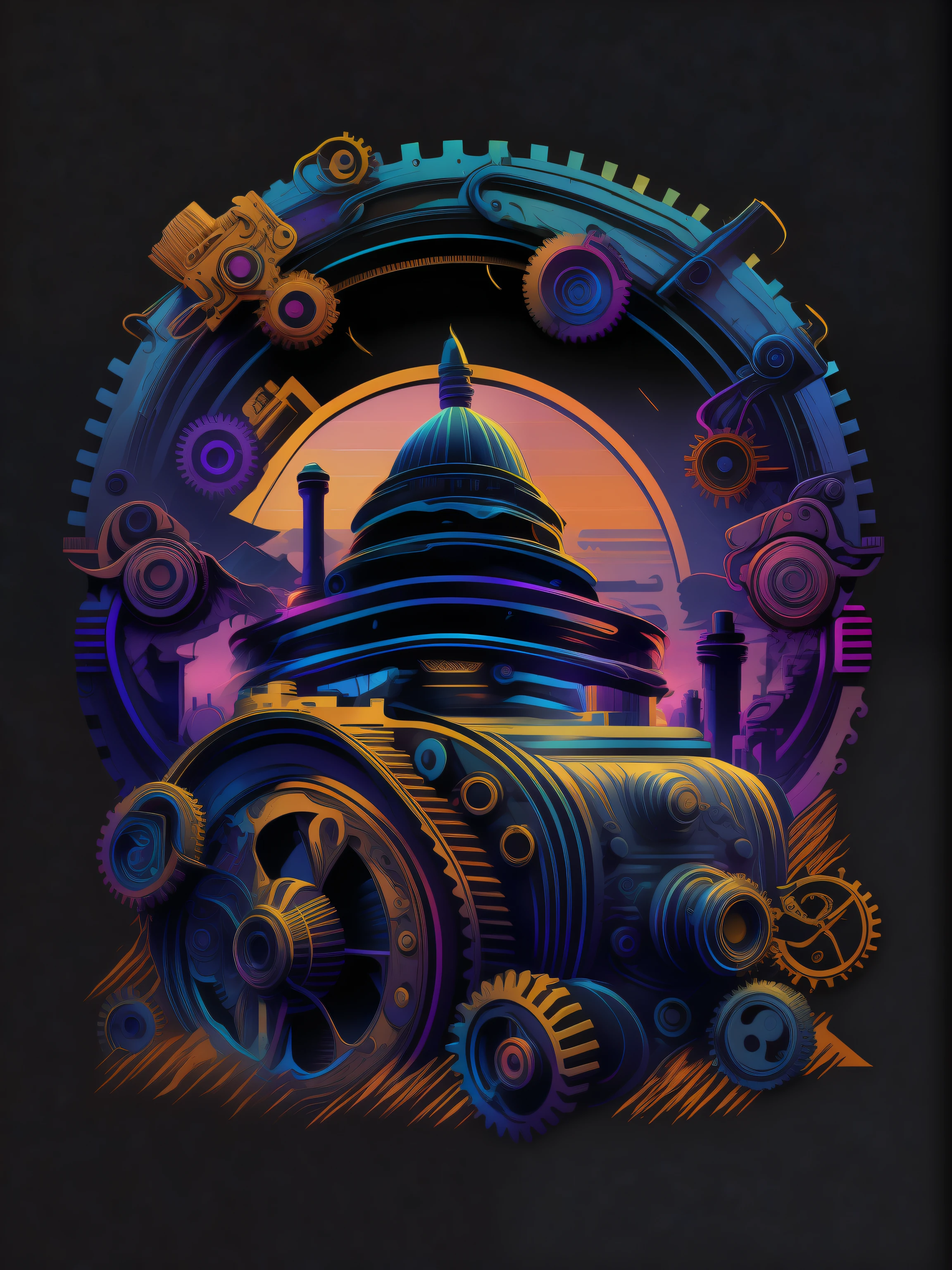 Steampunk machinery,Gears, Cogs, Vintage, Industrial, 80's vector image, T-shirt design, isolated, black background, blue orange illustration and purple only