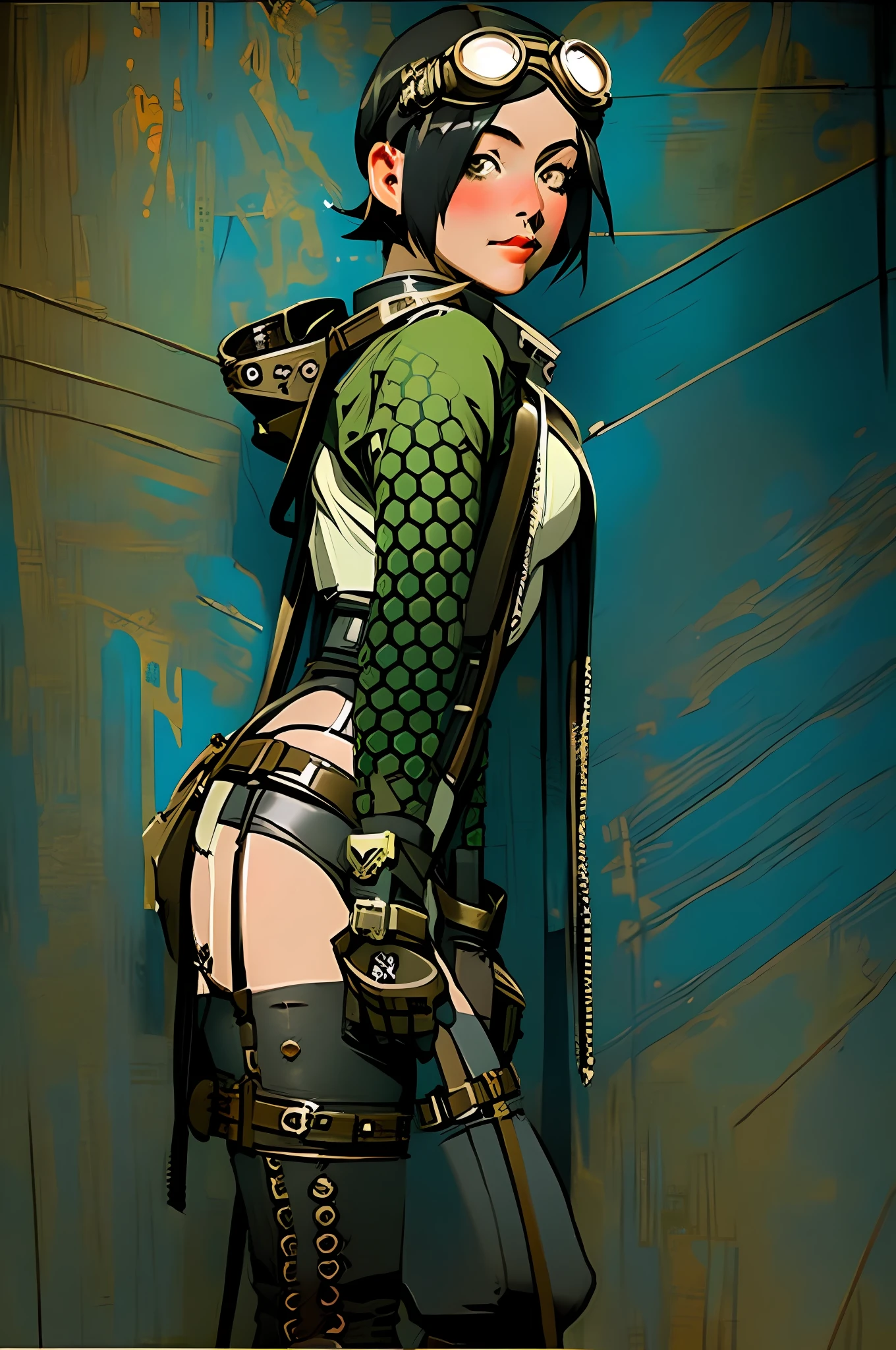 Woman with goggles and a dieselpunk outfit, nijistyle, dieselpunk soldado menina, in a post-apocalyptic setting, guerreira com roupas curtas, post apocalyptic attire, Poderosa princesa do deserto, menina Steampunk, em estilo mad max, estilo de fantasia Steampunk, uma deusa Steampunk bonita, fantasia Steampunk, dieselpunk setting, Short-haired girl in a beautifully lit scene during a sunny morning, nijistyle